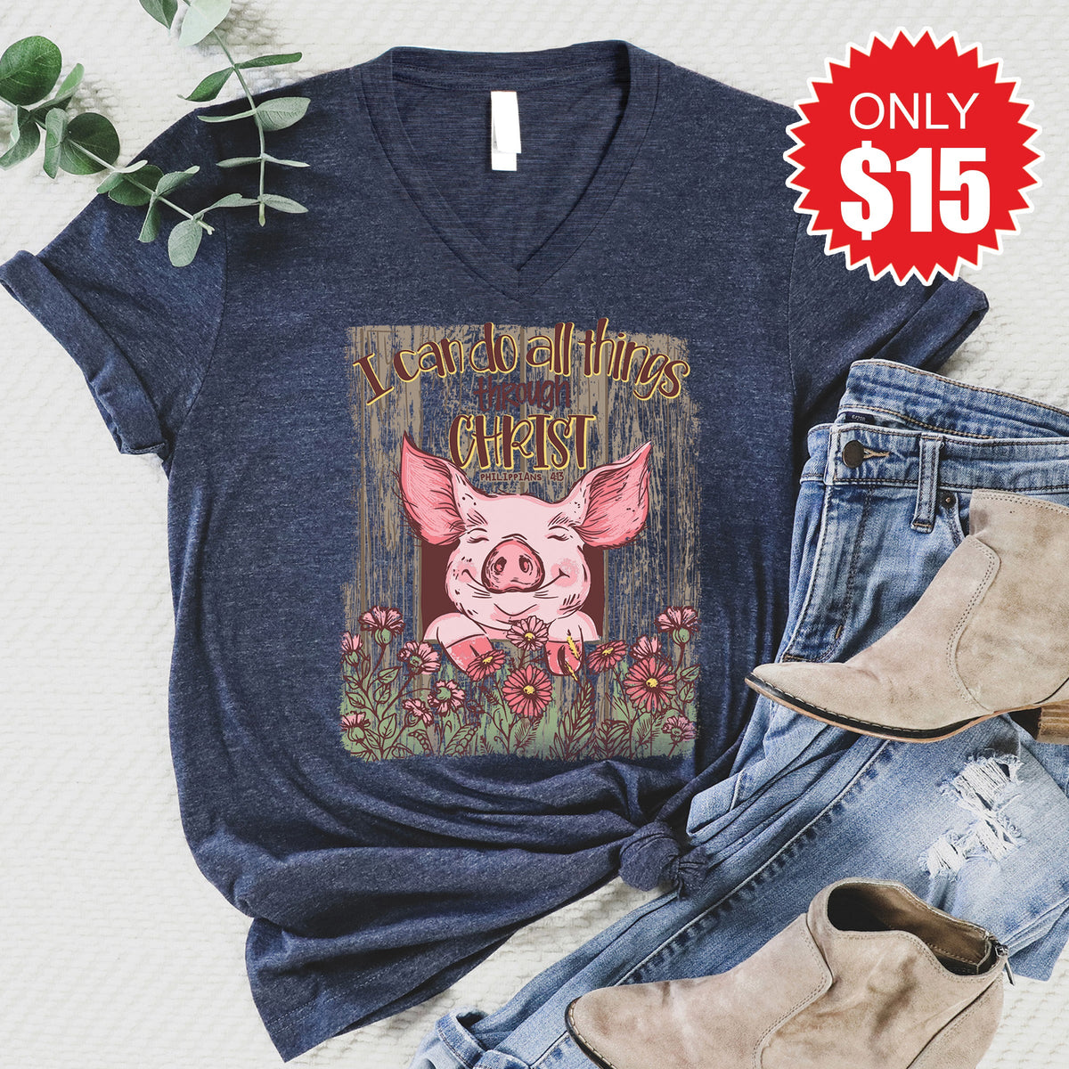 I Can Do All Things V-Neck - Heather Navy - 15