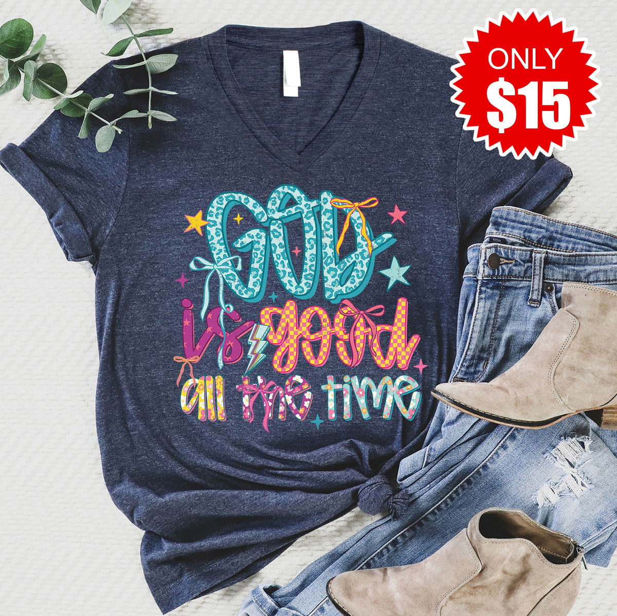 God Is Good V-Neck - Heather Navy - 15