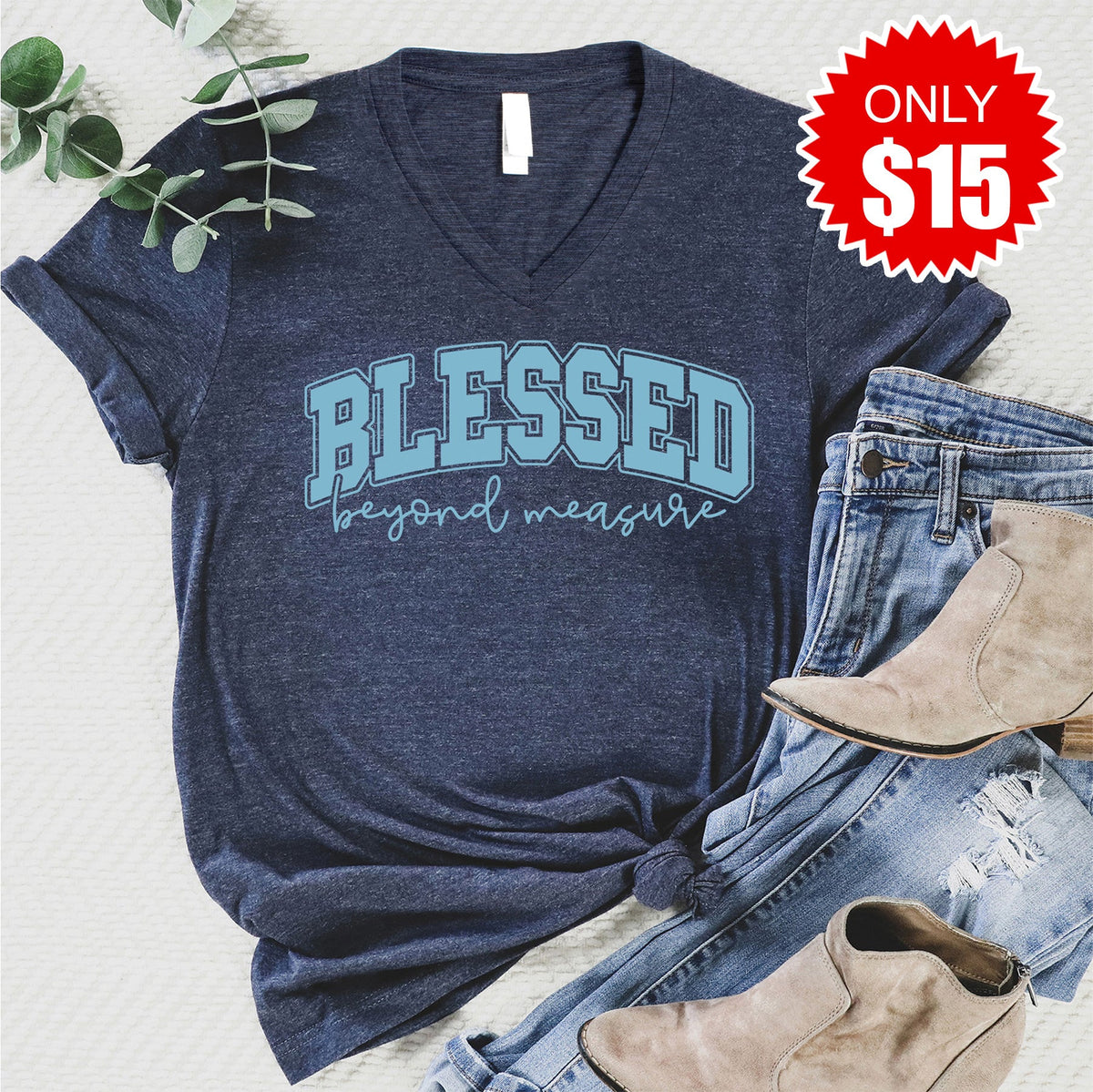 Blessed V-Neck - Heather Navy - 15