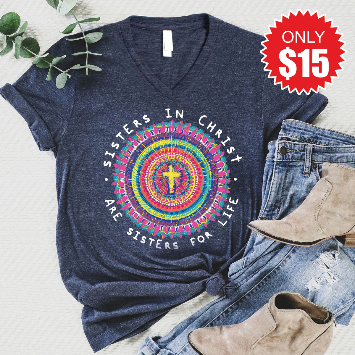 Sisters In Christ V-Neck - Heather Navy - 15