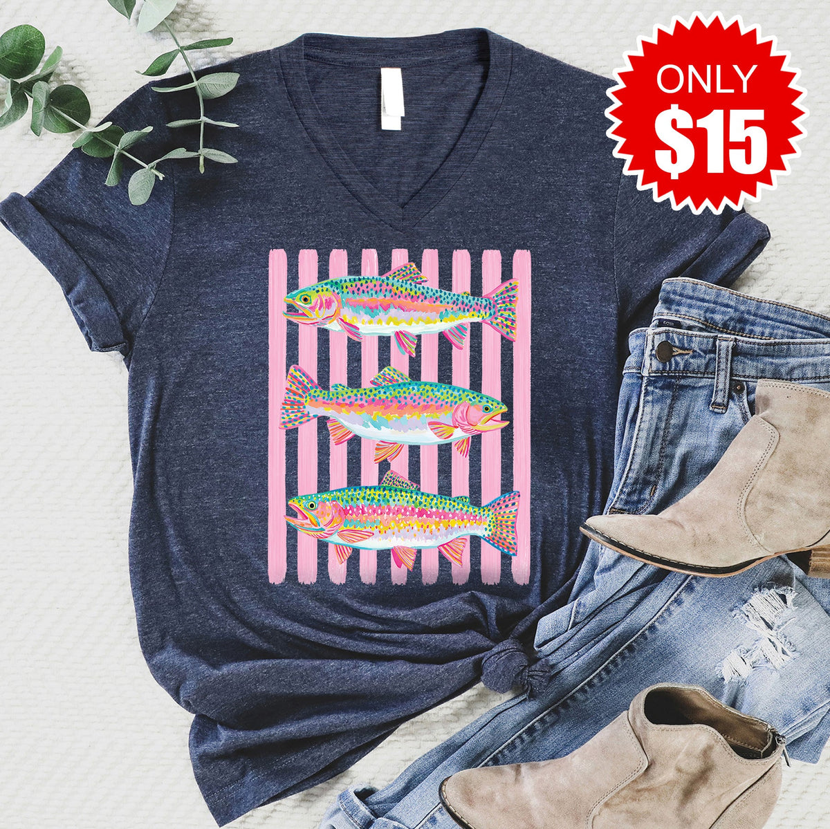 Fish V-Neck - Heather Navy - 15