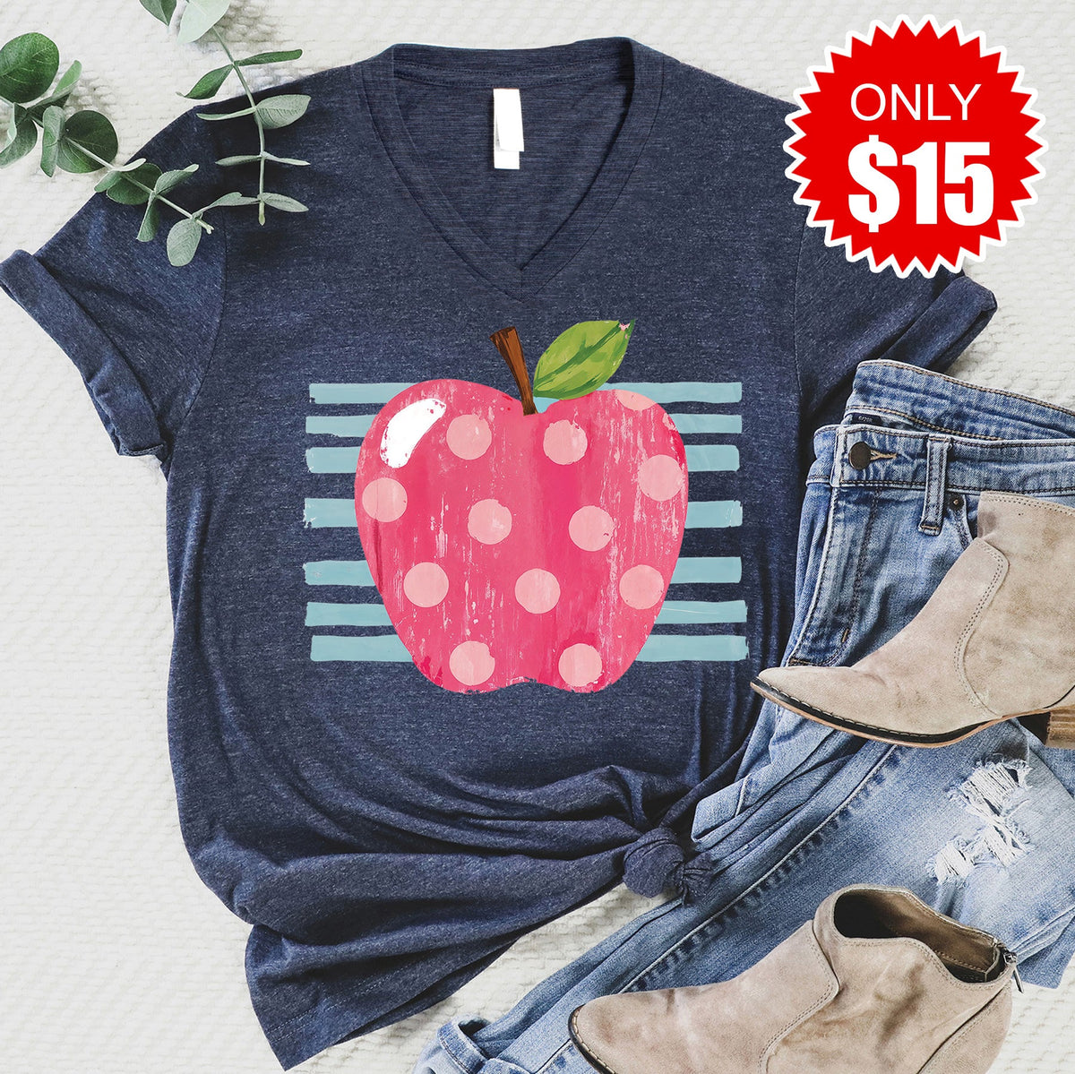 Teacher Apple V-Neck - Heather Navy - 15