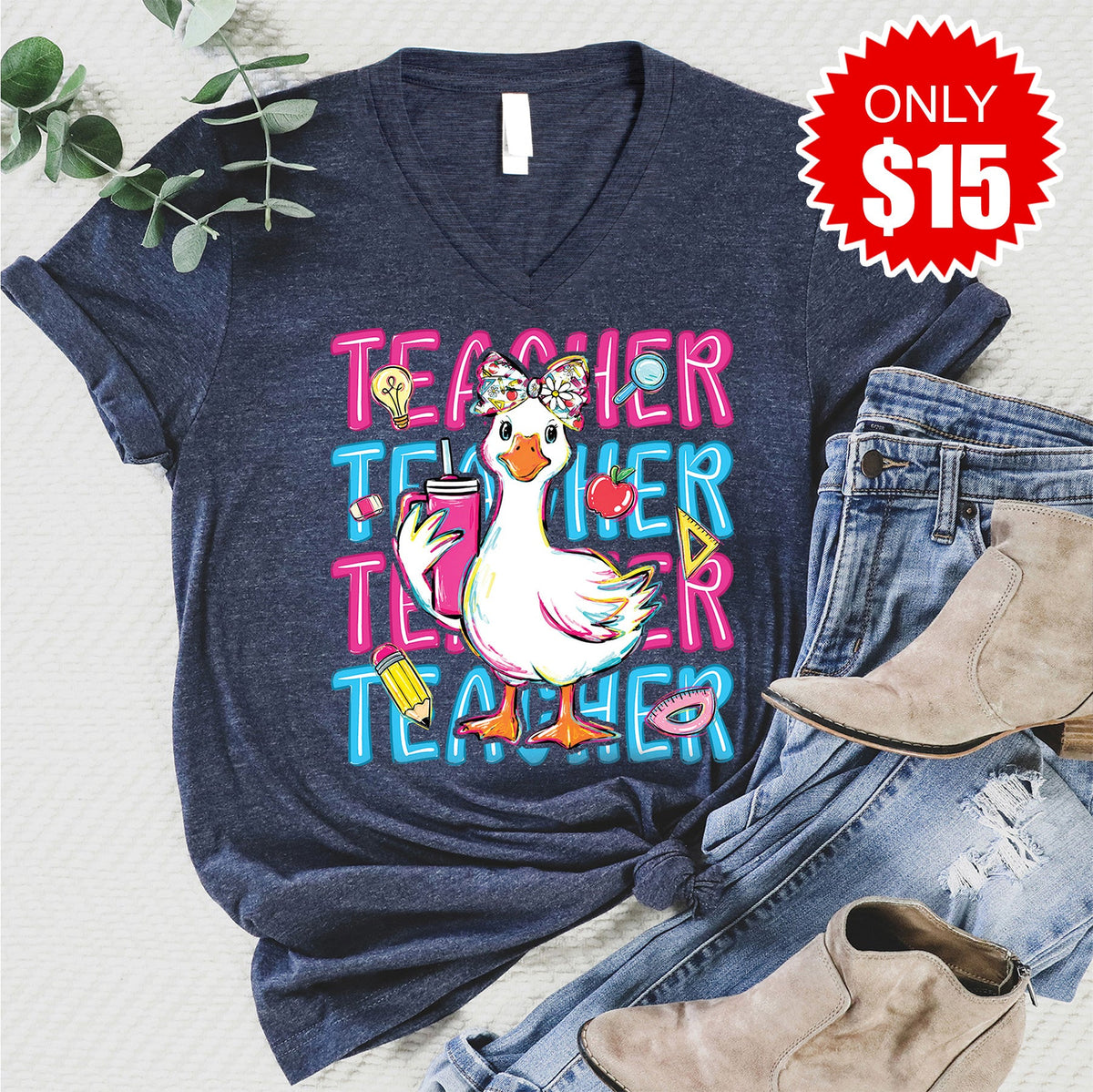 Teacher V-Neck - Heather Navy - 15