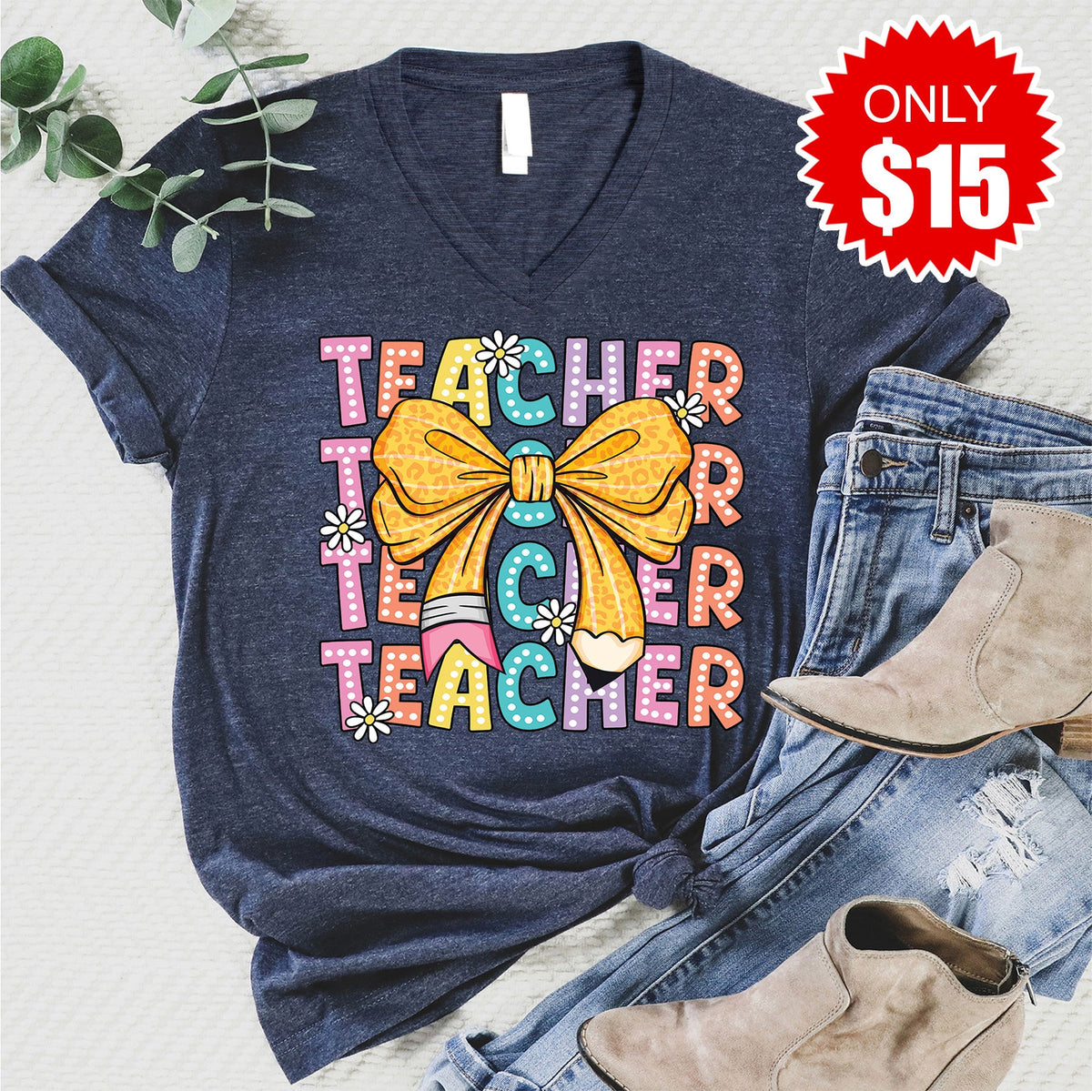 Teacher V-Neck - Heather Navy - 15