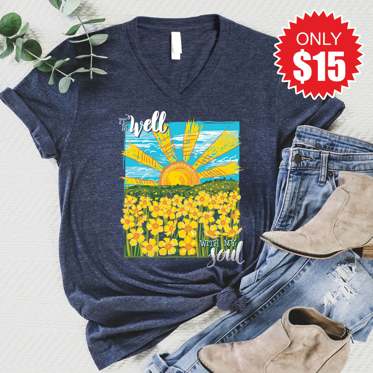 It Is Well V-Neck - Heather Navy - 15