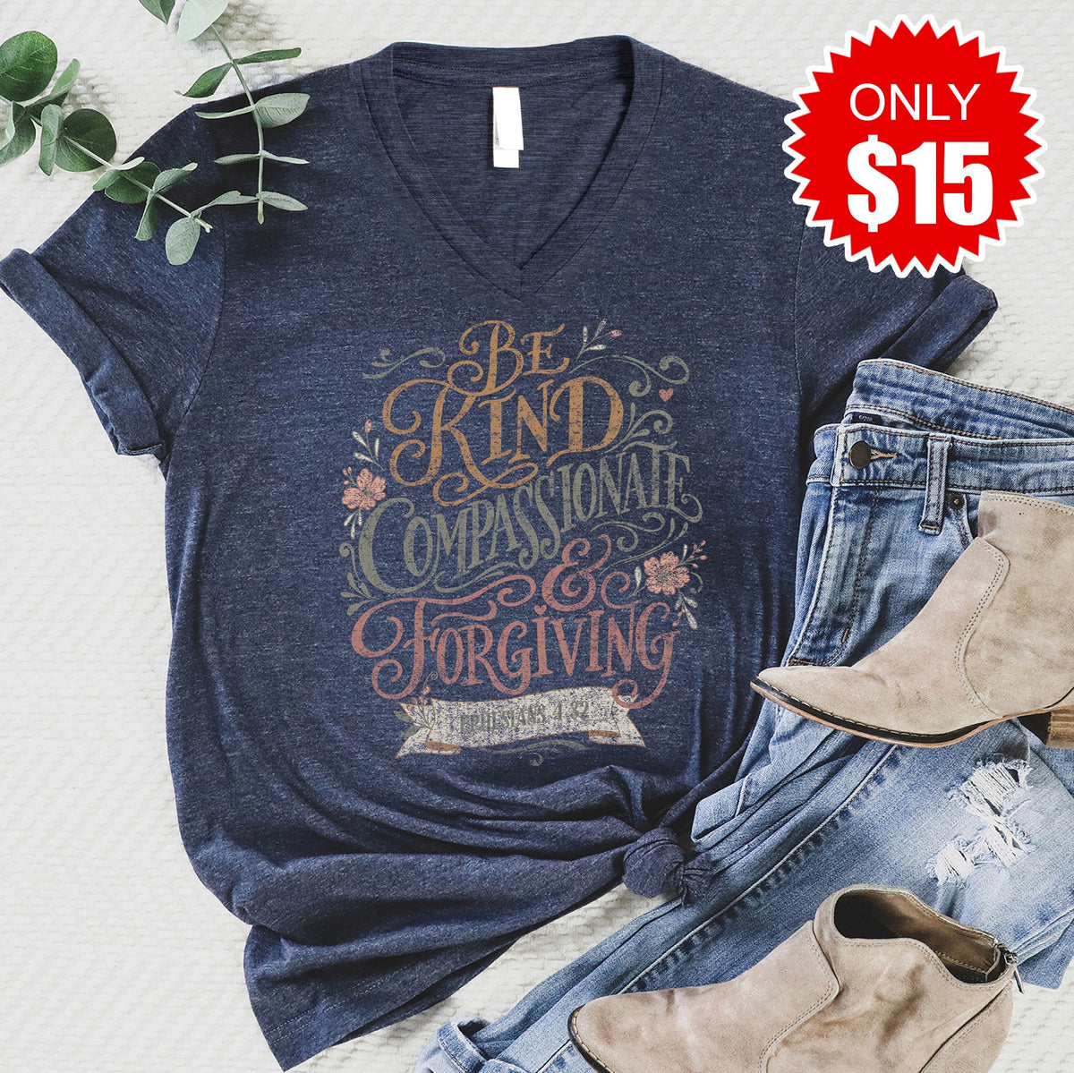 Kind Compassionate Forgiving V-Neck - Heather Navy - 15