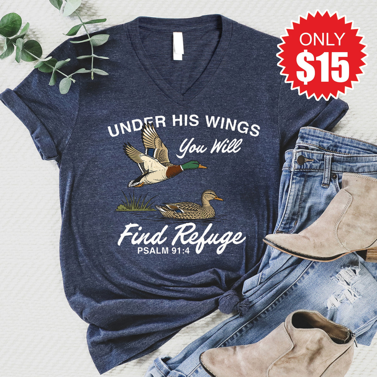 Under His Wings V-Neck - Heather Navy - 15