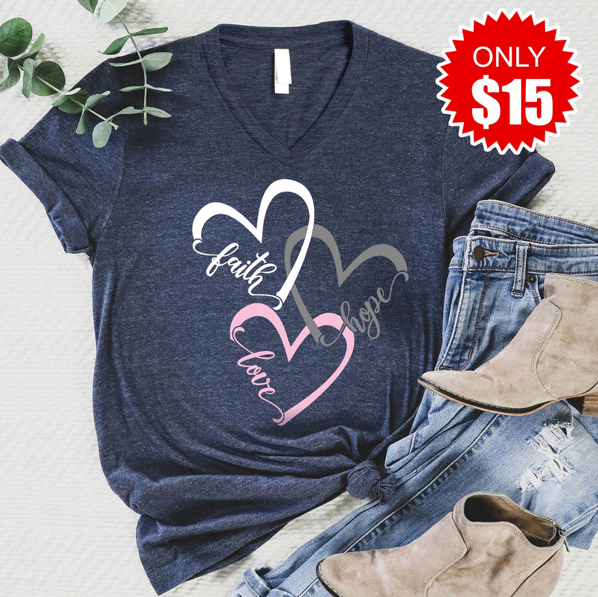 Faith Hope Love V-Neck - Heather Navy - 15