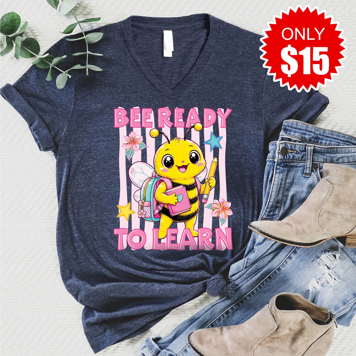 Bee Ready To Learn V-Neck - Heather Navy - 15
