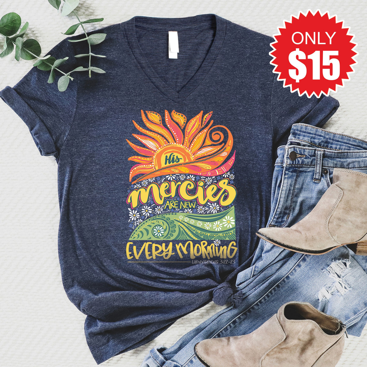 His Mercies Are New V-Neck - Heather Navy - 15