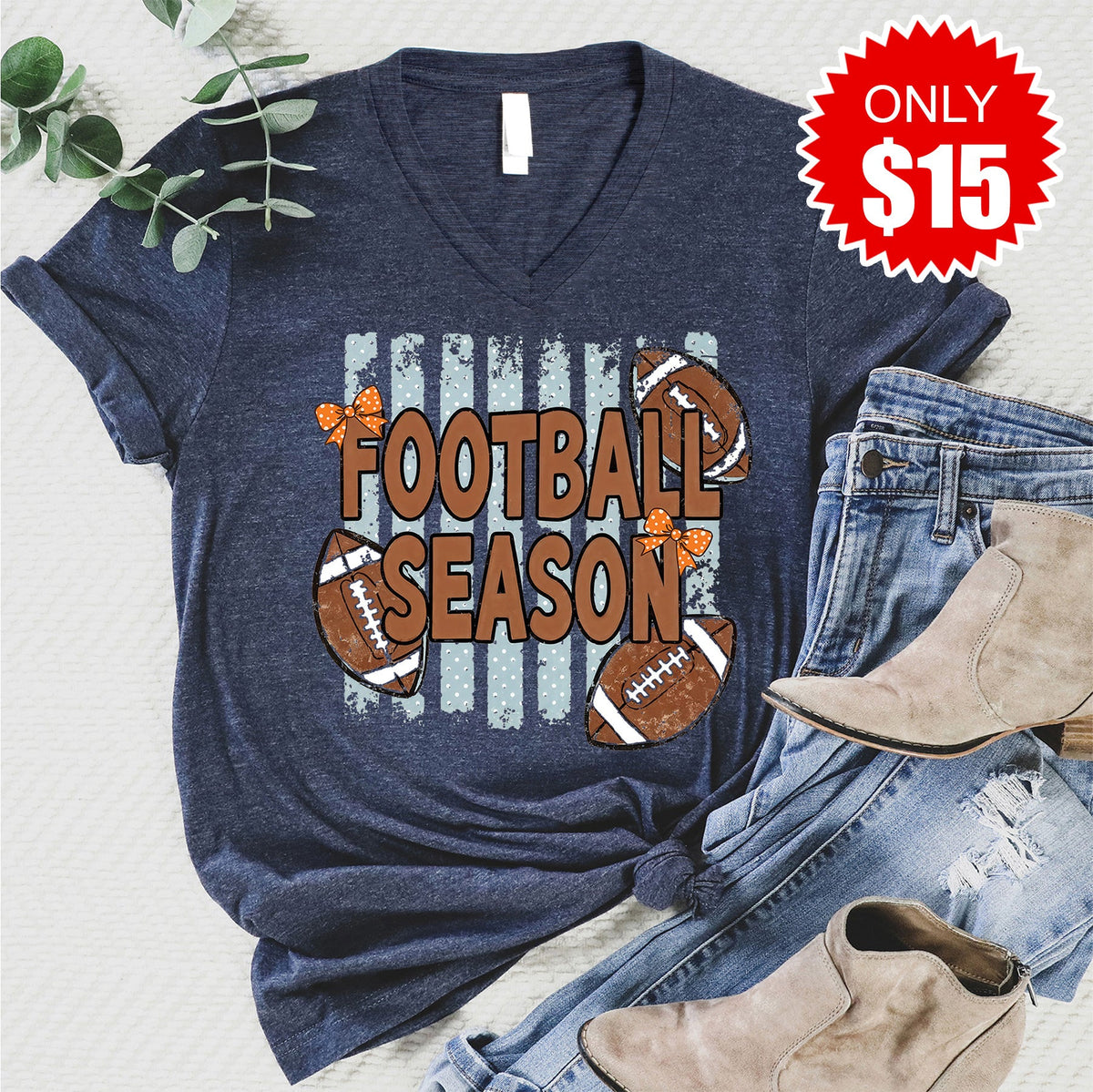 Football Season V-Neck - Heather Navy - 15