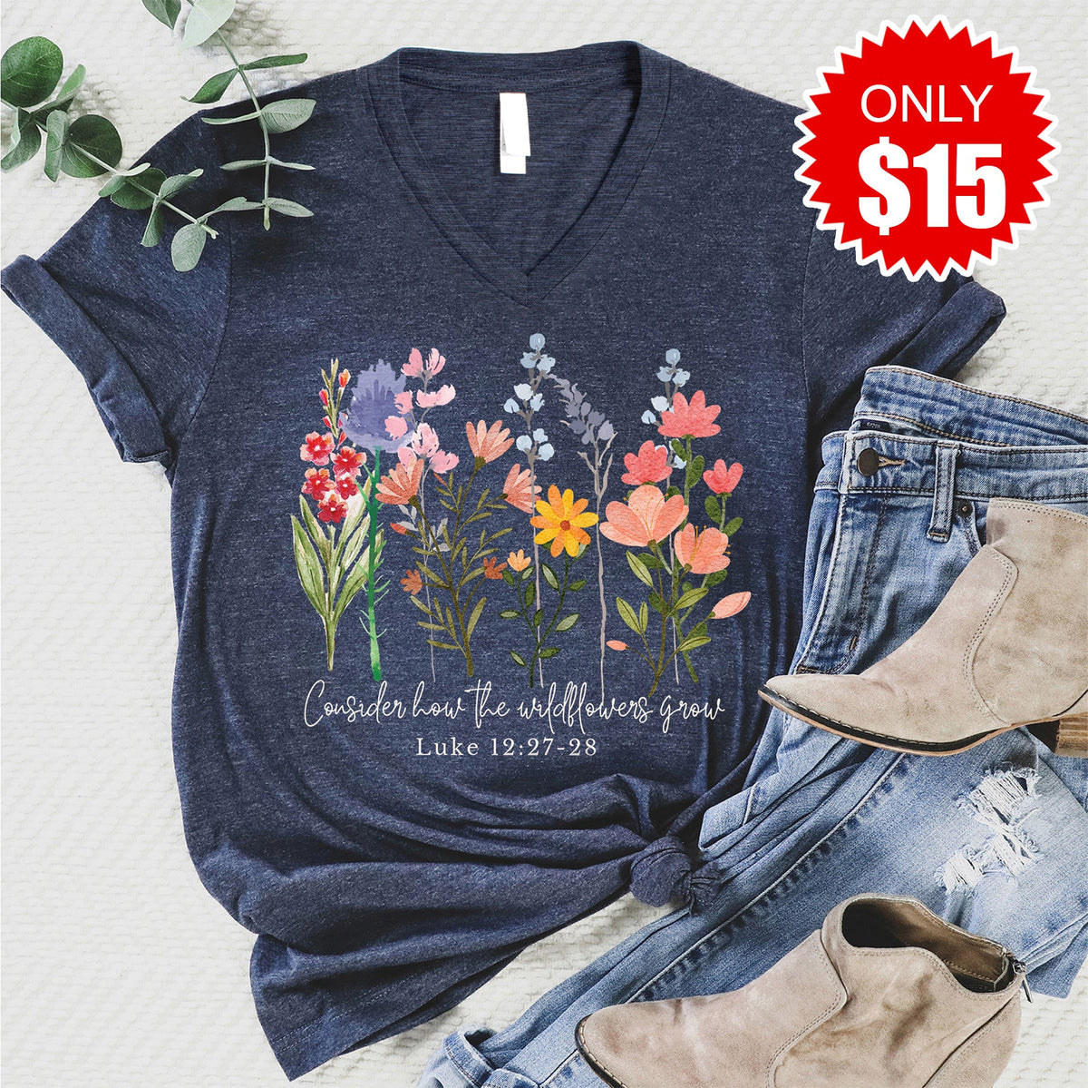 Wild Flowers Grow V-Neck - Heather Navy - 15