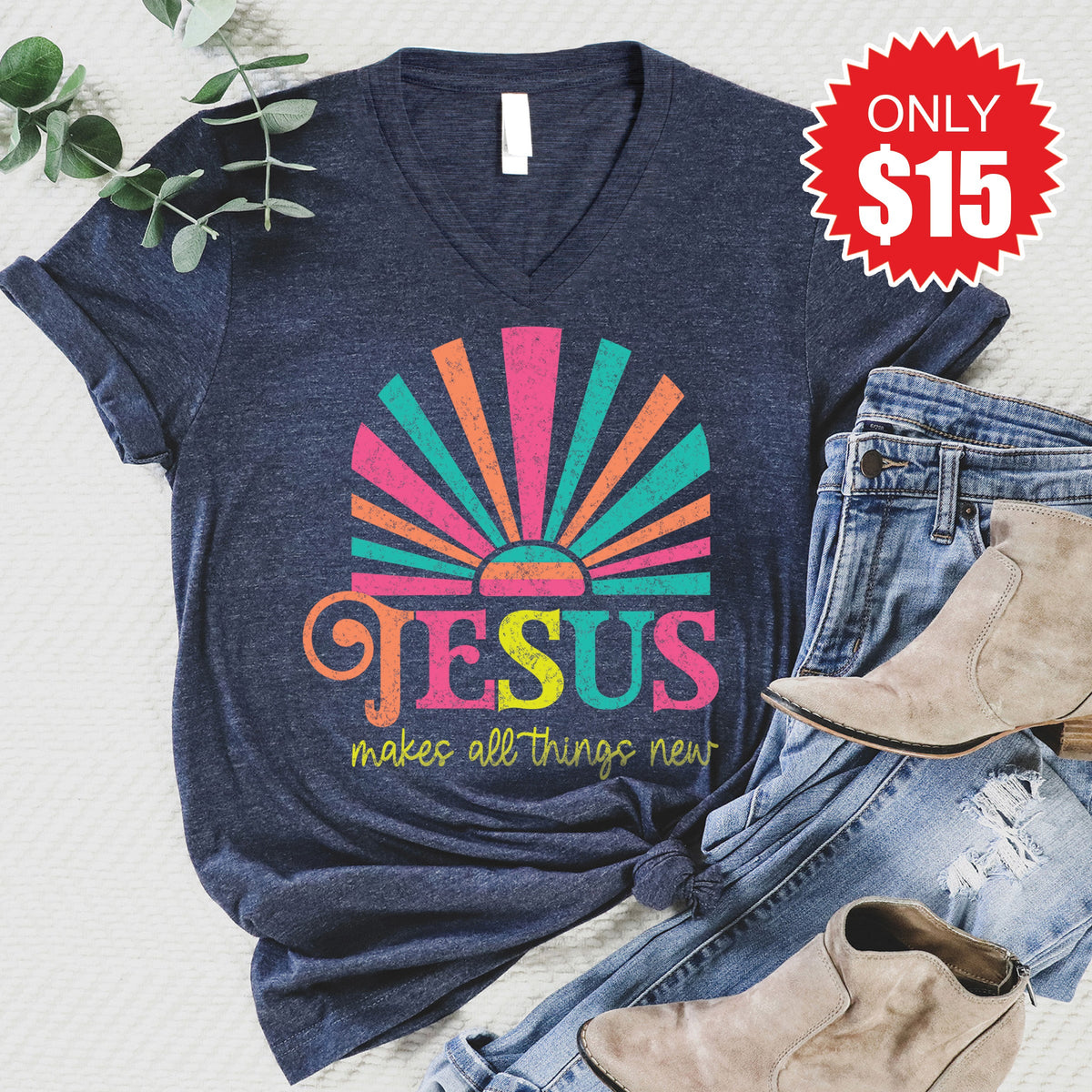 Jesus Makes All Things New V-Neck - Heather Navy - 15