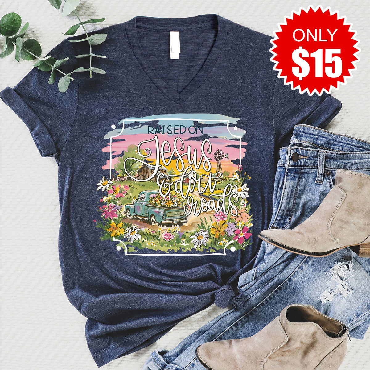 Jesus and Dirt Roads V-Neck - Heather Navy - 15