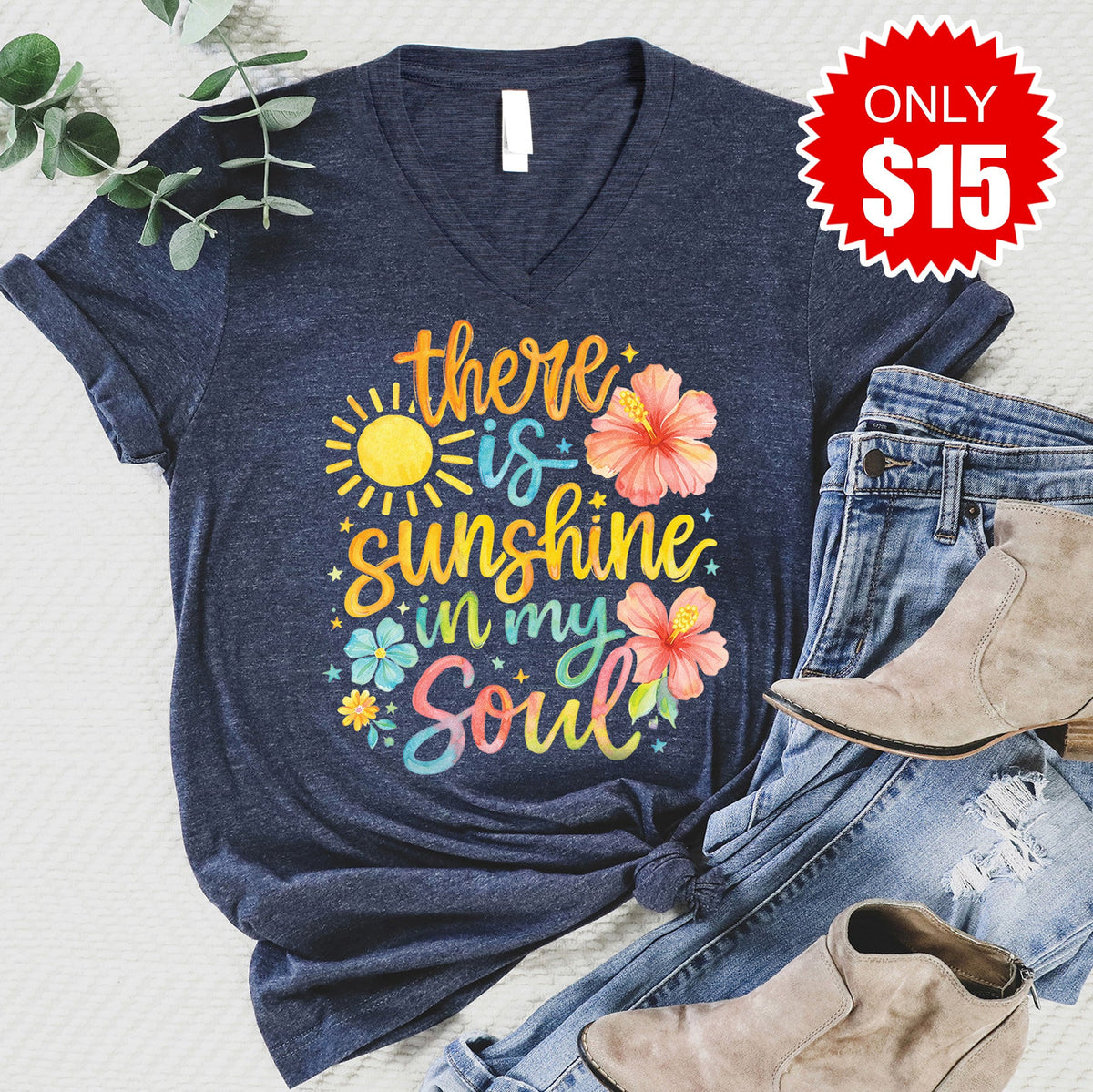 Sunshine In My Soul V-Neck - Heather Navy - 15