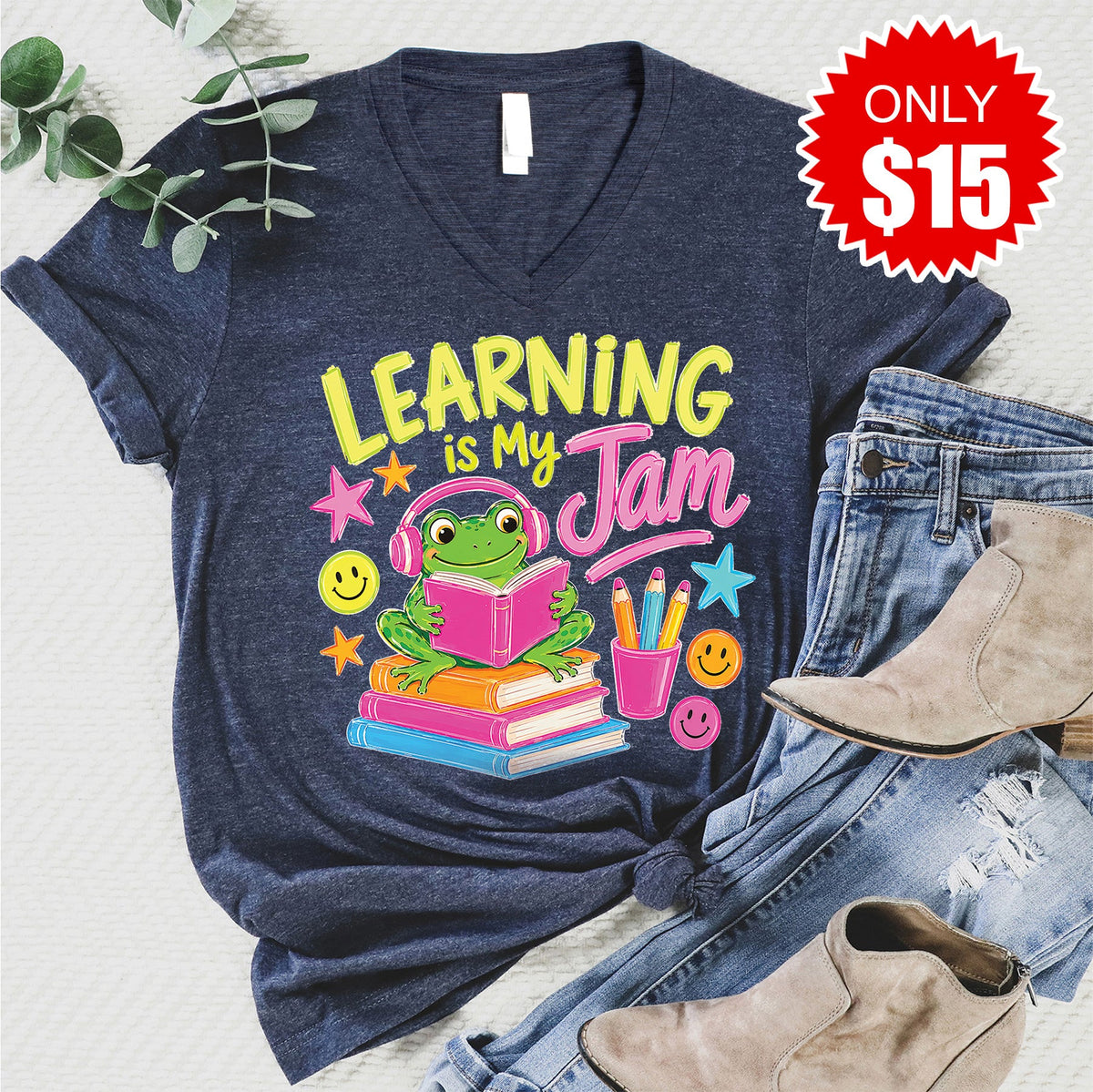 Learning Is My Jam V-Neck - Heather Navy - 15