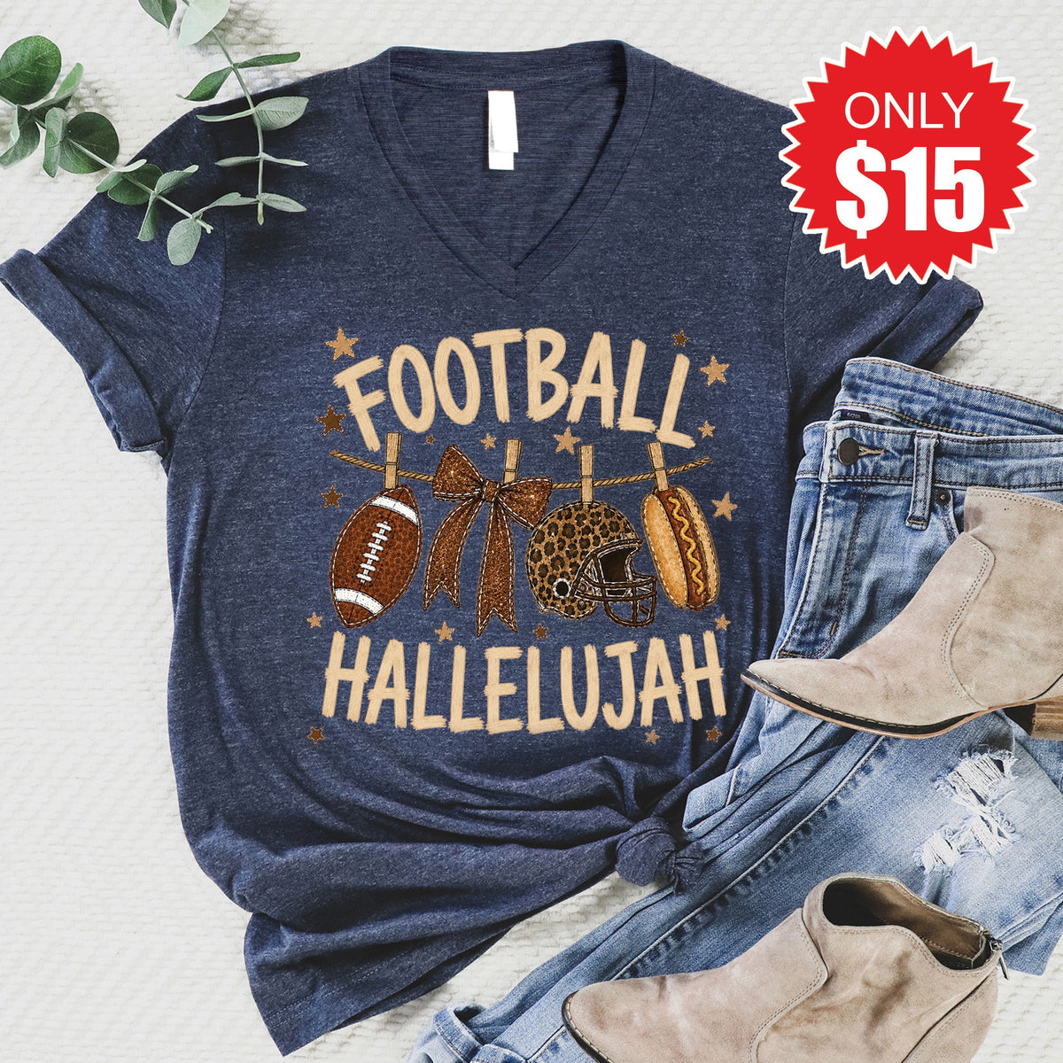 Football Hallelujah V-Neck - Heather Navy - 15