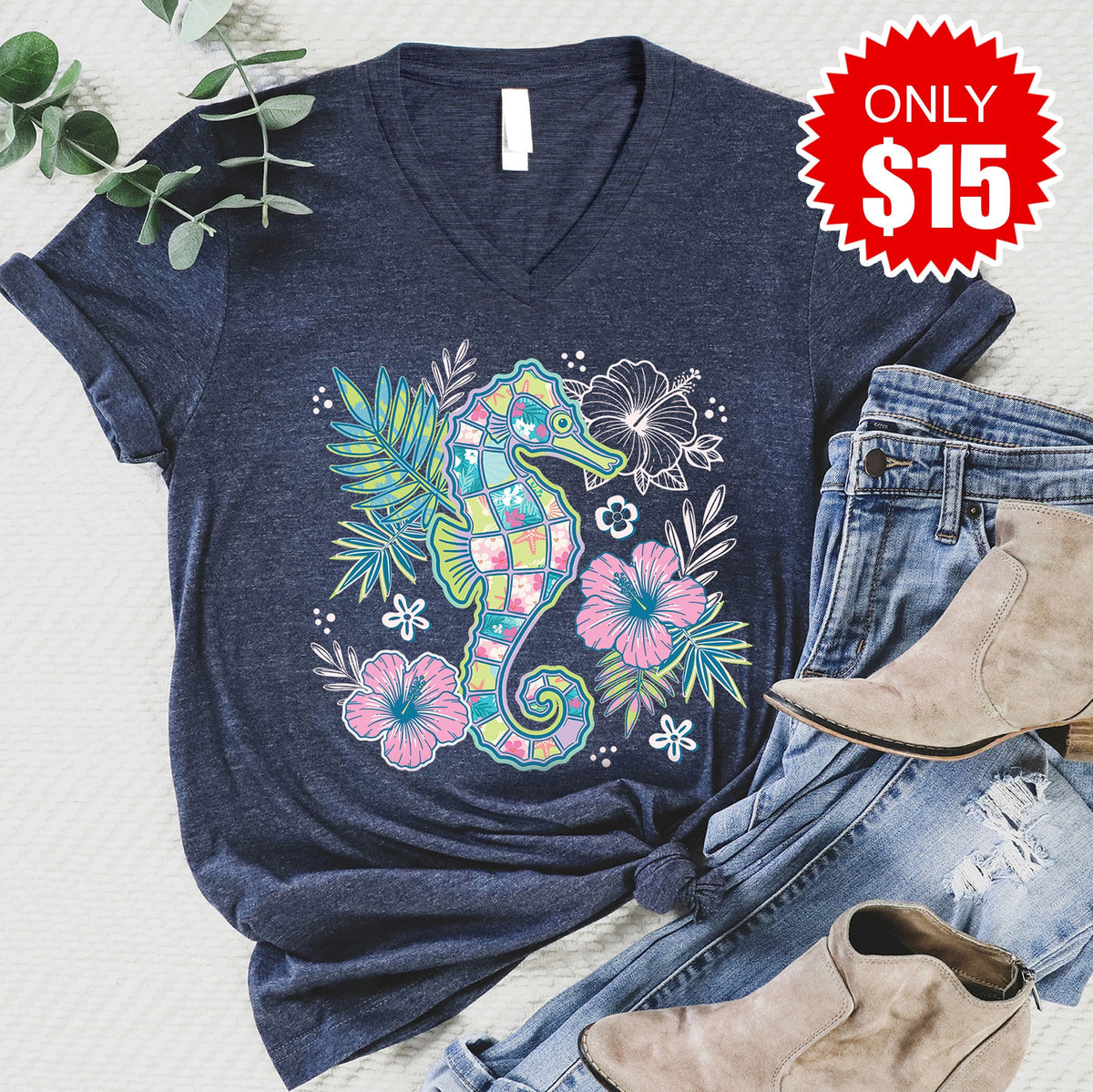 Floral Seahorse V-Neck - Heather Navy - 15