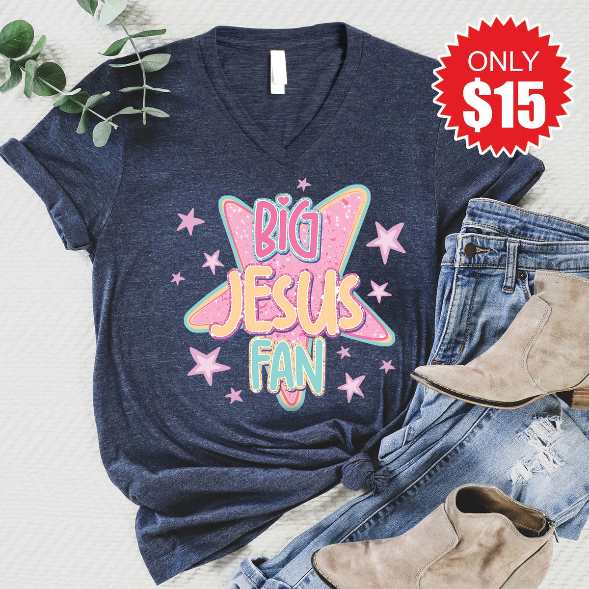 Big Jesus Fan V-Neck - Heather Navy - 15