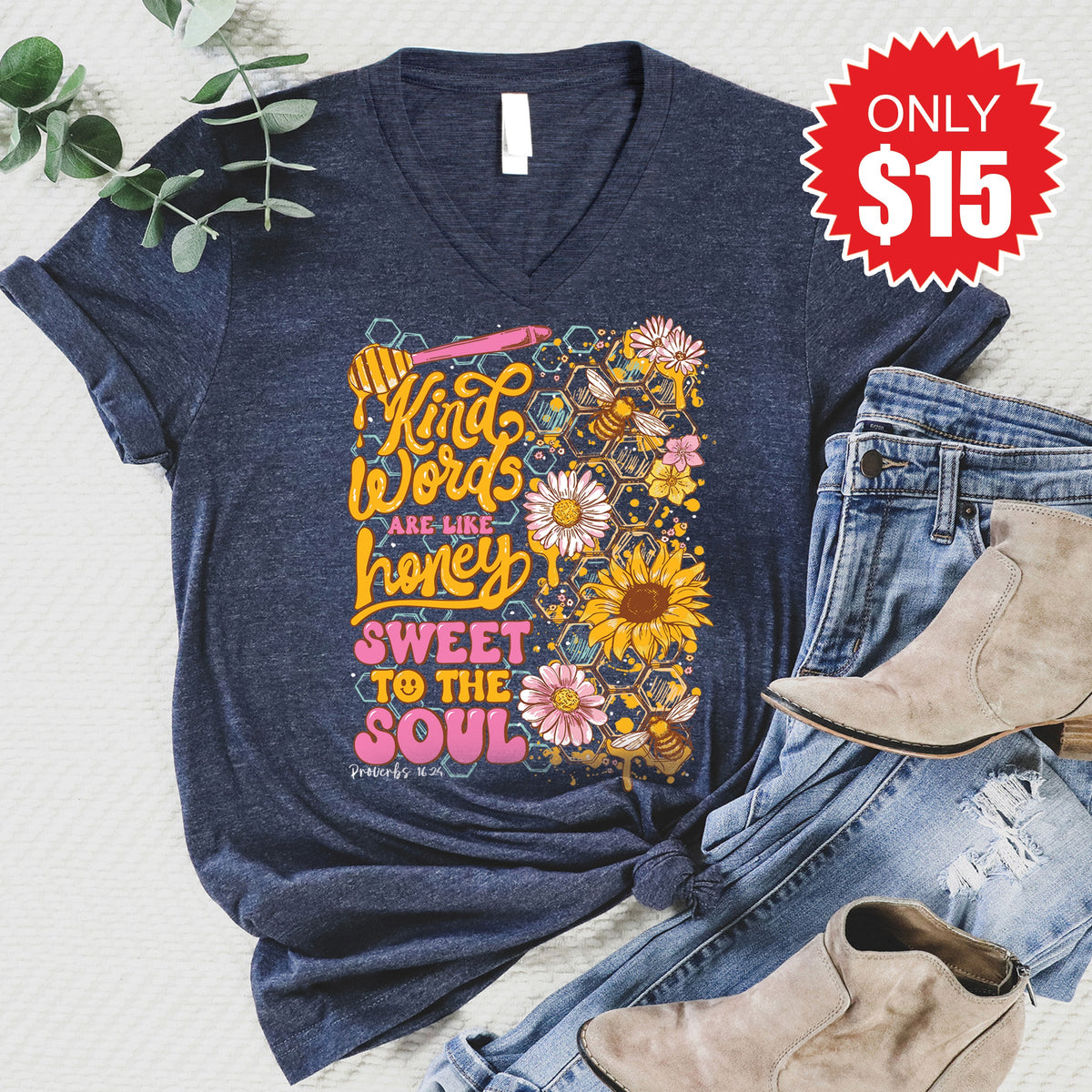 Kind Words Are Like Honey V-Neck - Heather Navy - 15
