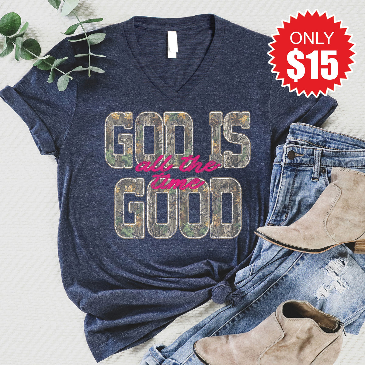 God Is Good V-Neck - Heather Navy - 15