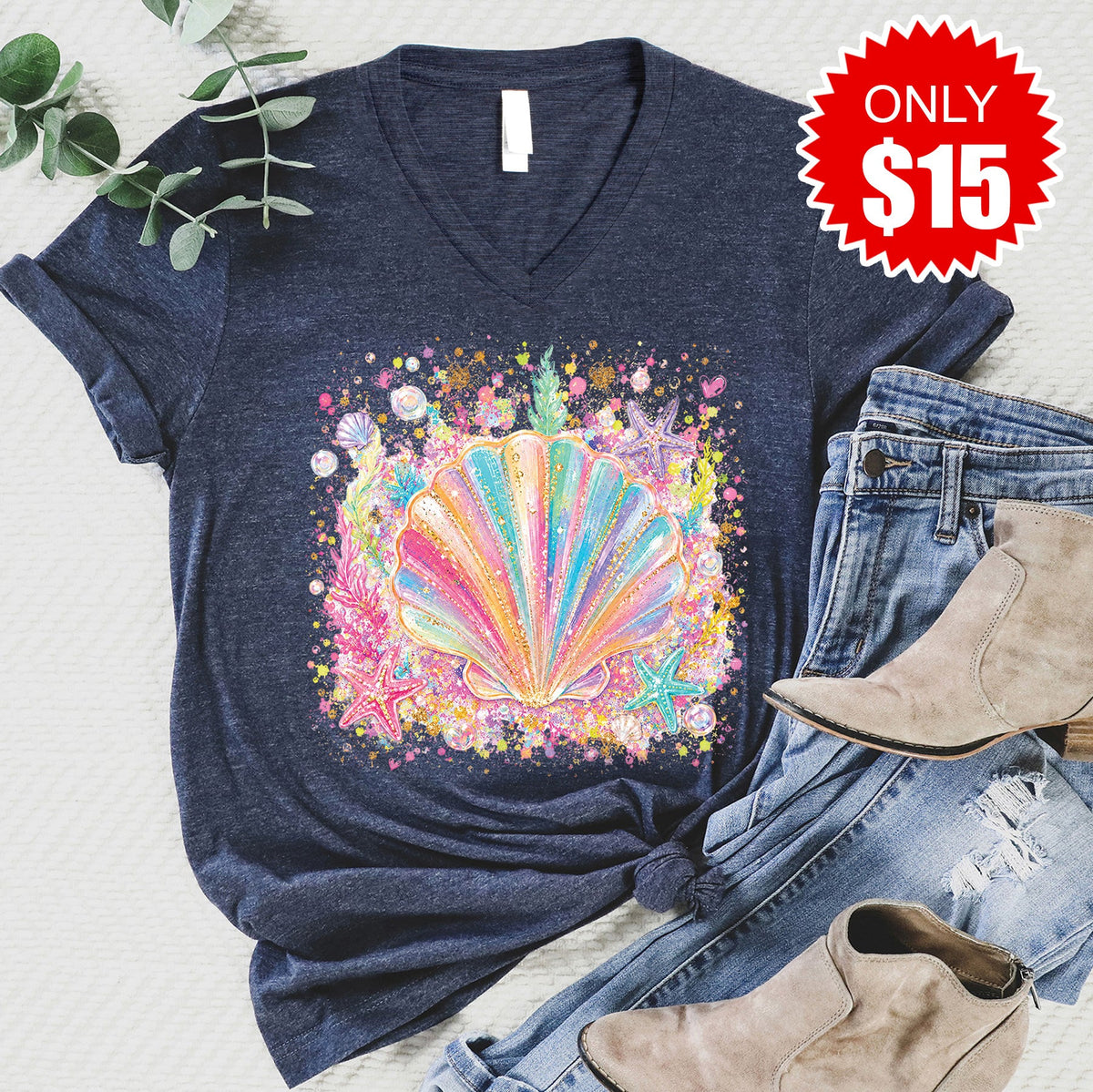 Seashells V-Neck - Heather Navy - 15