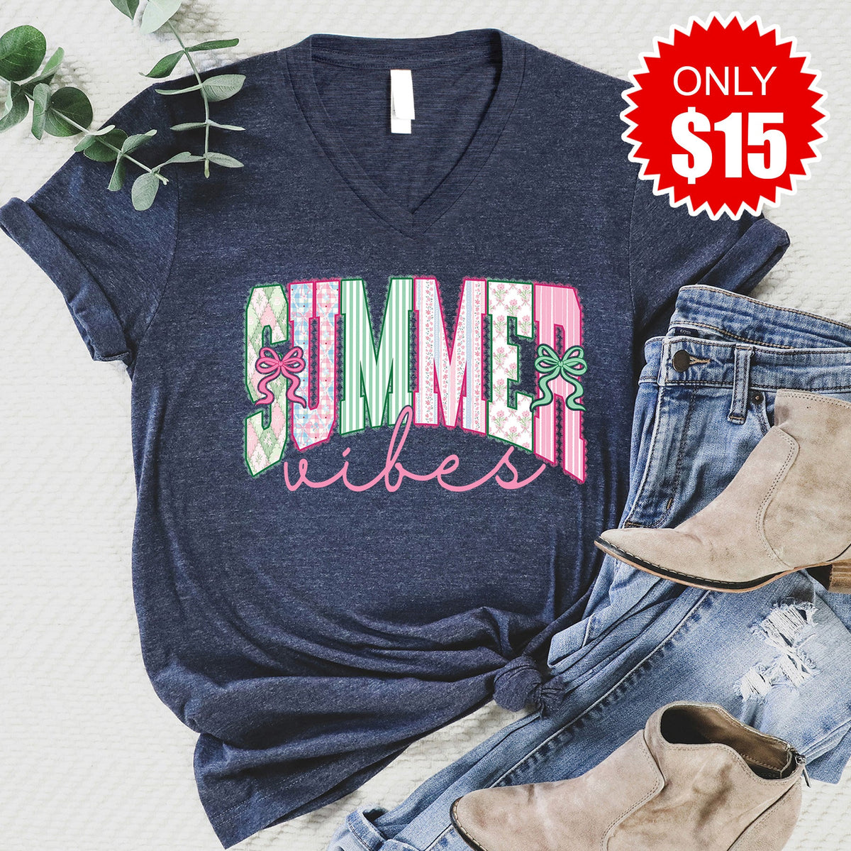 Summer Vibes V-Neck - Heather Navy - 15