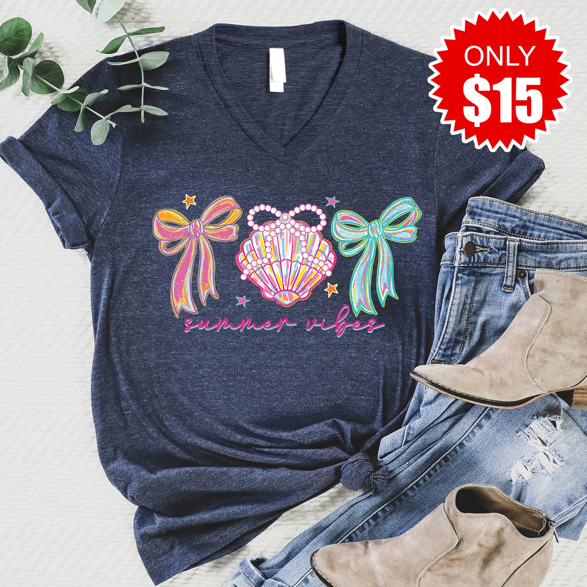 Summer Vibes V-Neck - Heather Navy - 15