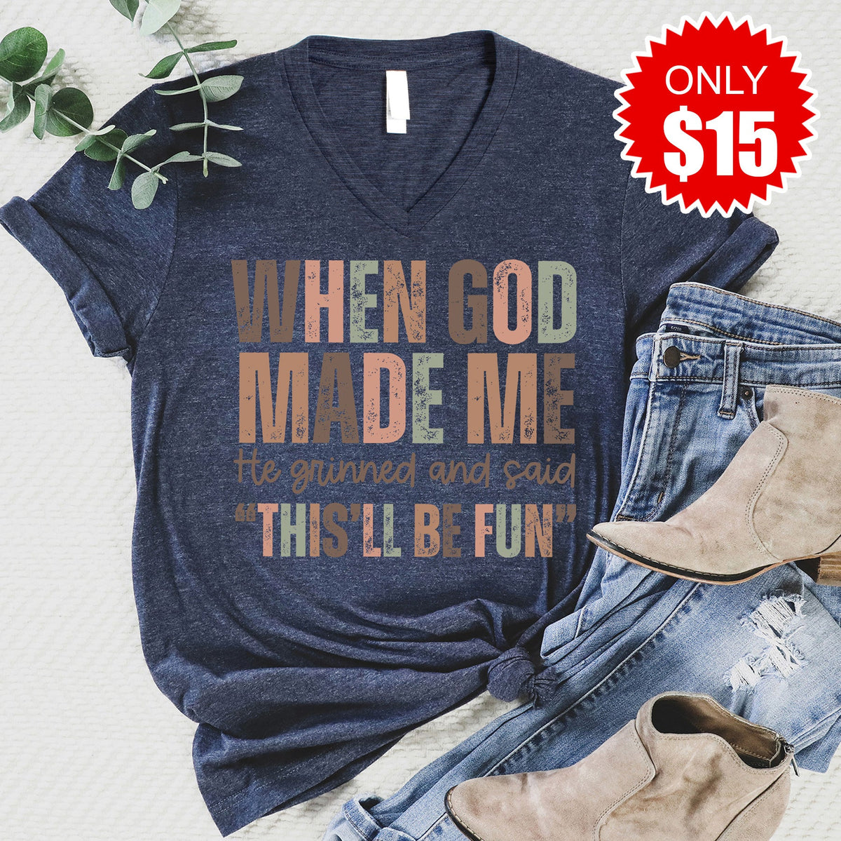 When God Made Me V-Neck - Heather Navy - 15