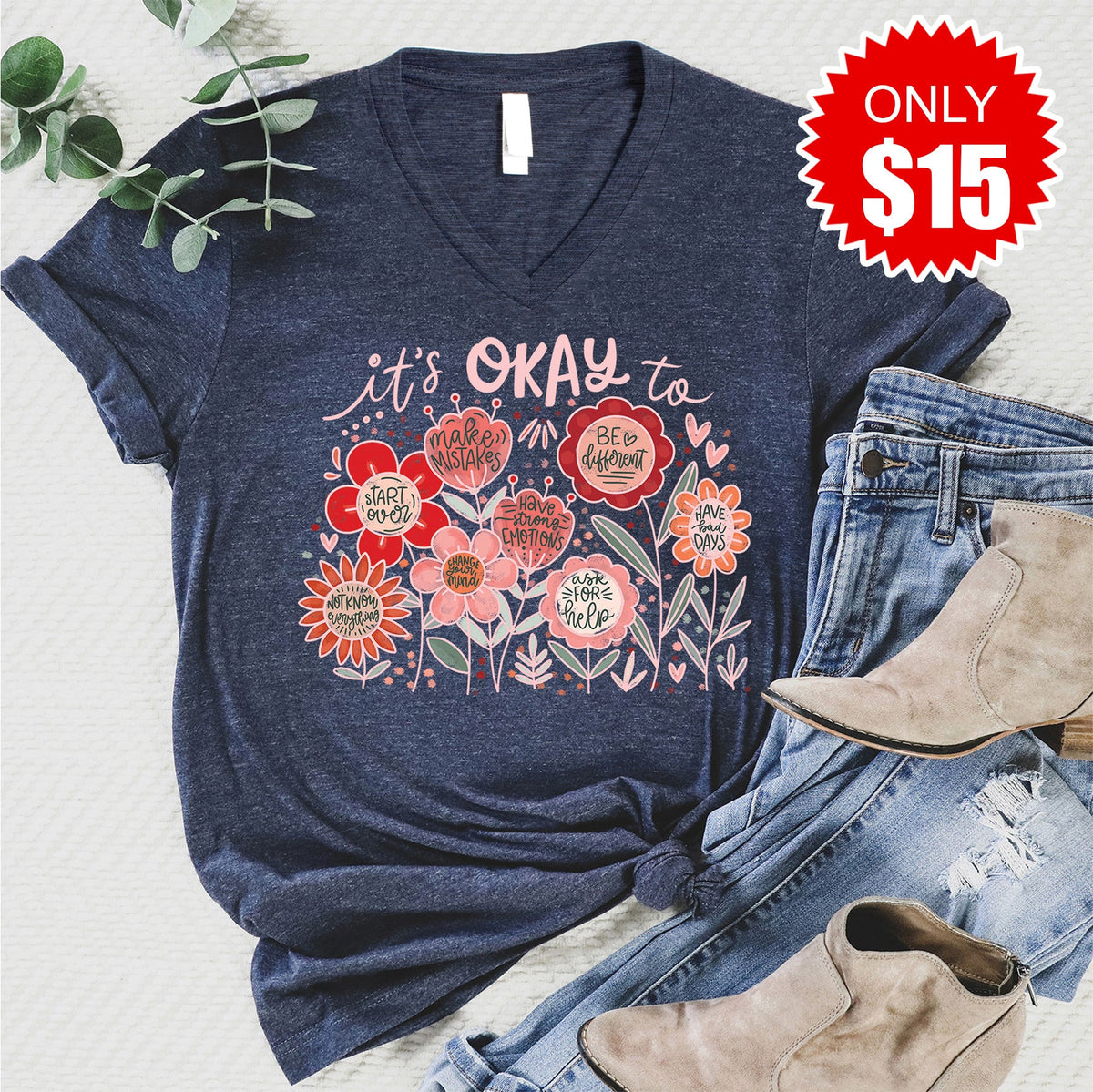 It's Okay V-Neck - Heather Navy - 15