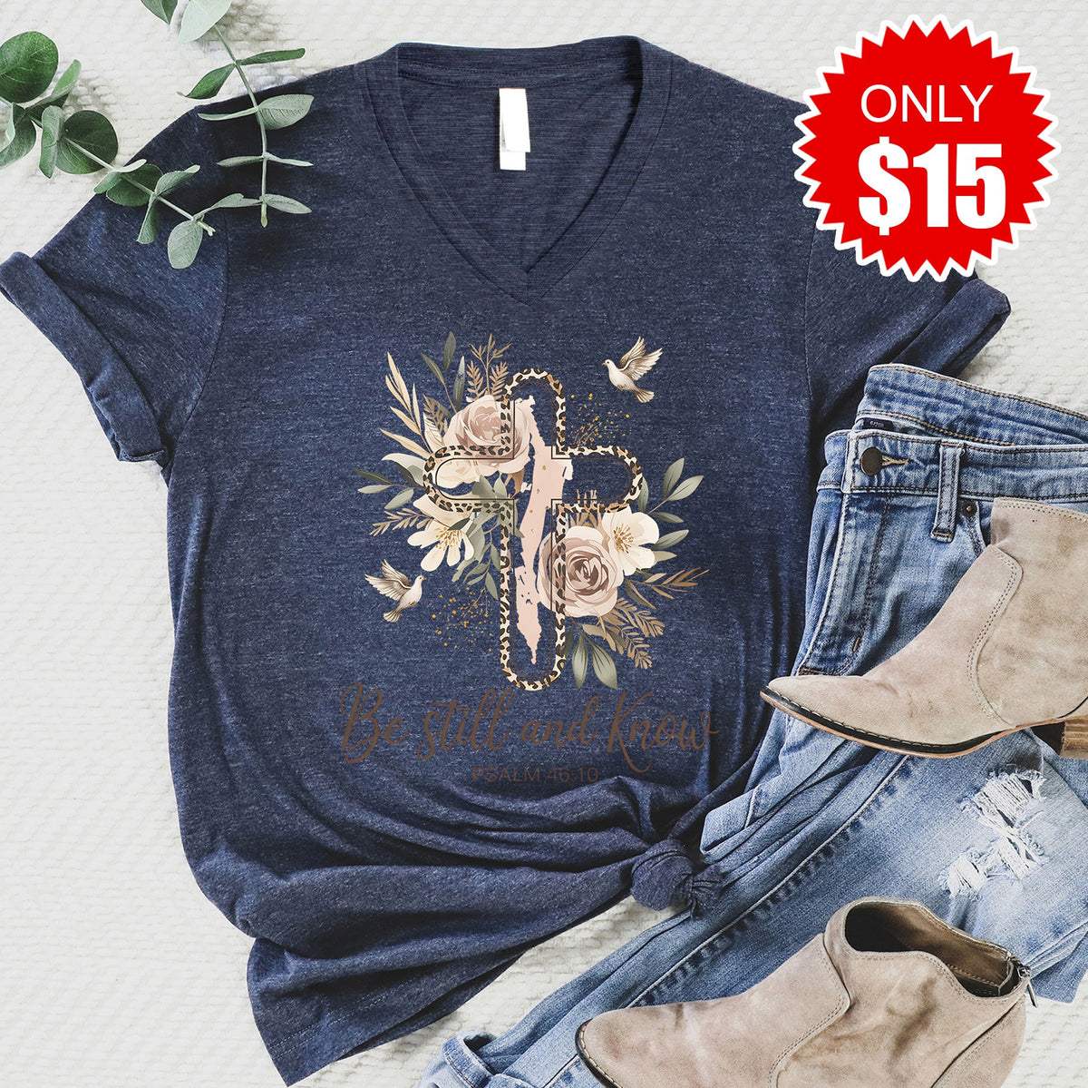 Be Still and Know V-Neck - Heather Navy - 15