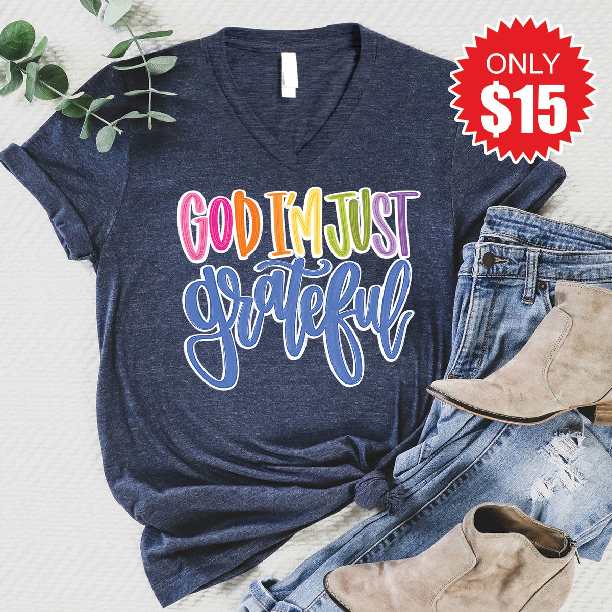 Just Grateful V-Neck - Heather Navy - 15