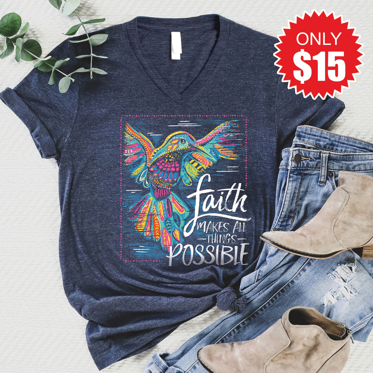 Faith Hummingbird V-Neck - Heather Navy - 15