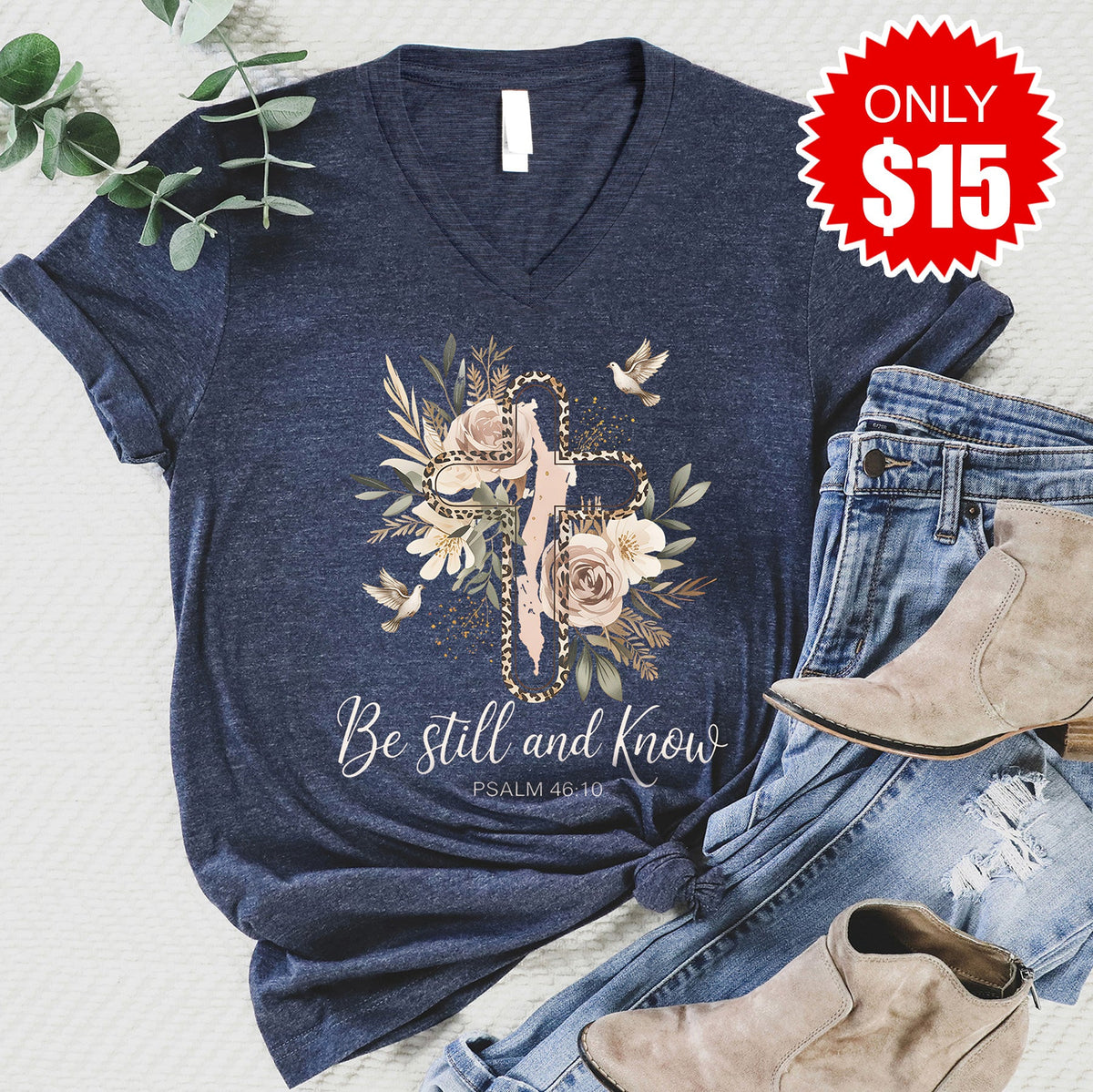 Be Still and Know V-Neck - Heather Navy - 15