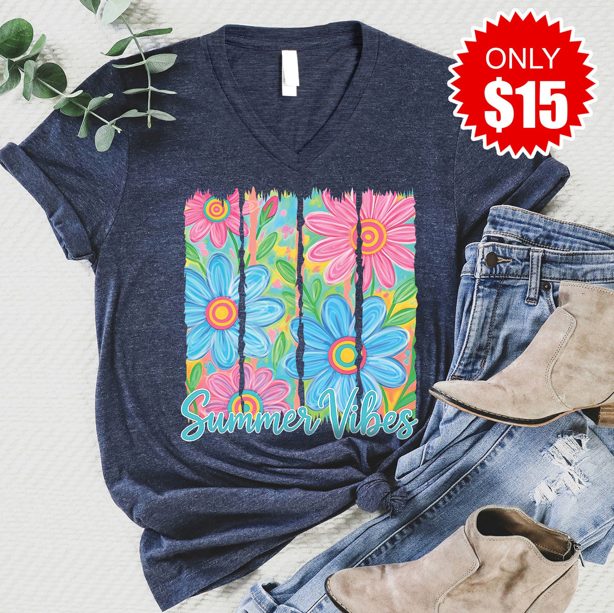 Summer Vibes V-Neck - Heather Navy - 15