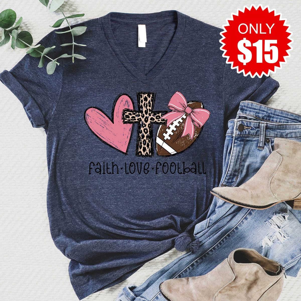 Faith Love Football V-Neck - Heather Navy - 15