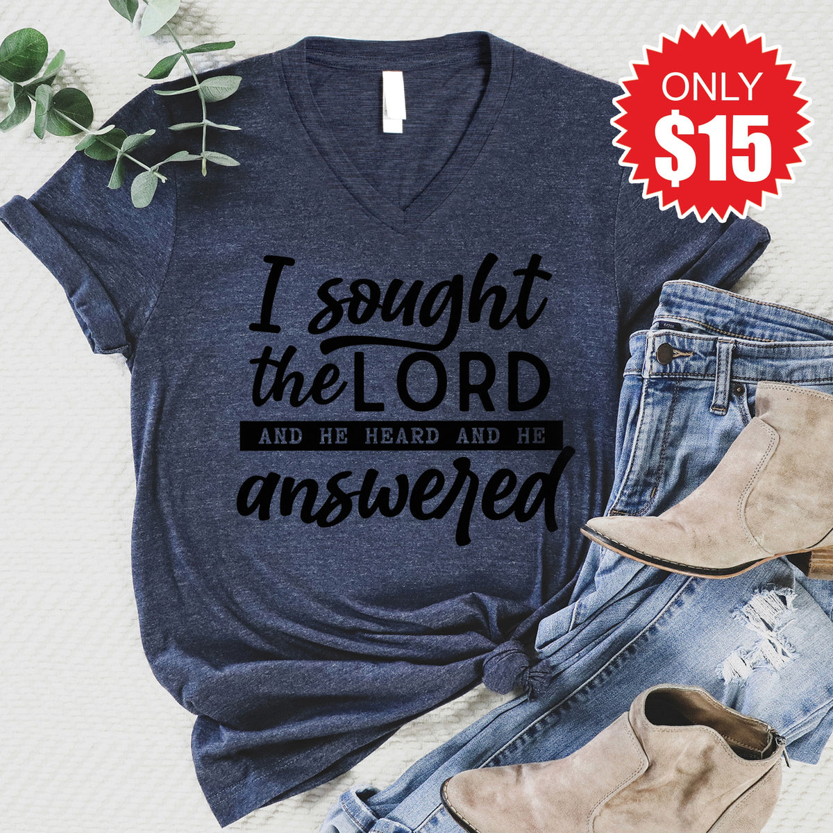 I Sought The Lord V-Neck - Heather Navy - 15