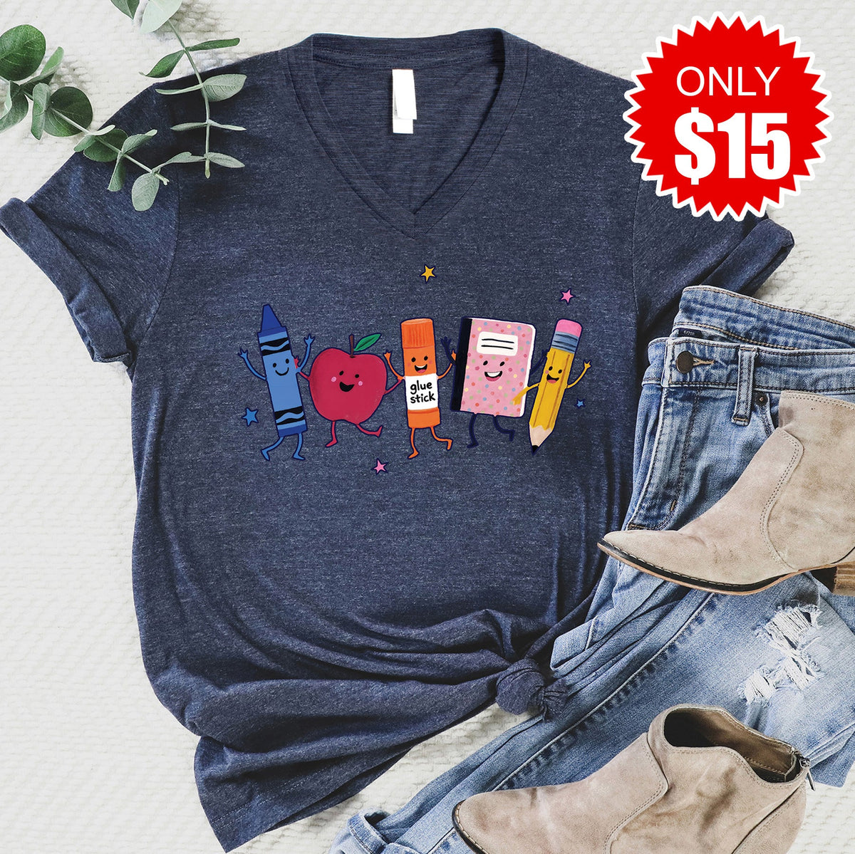 School Supplies V-Neck - Heather Navy - 15