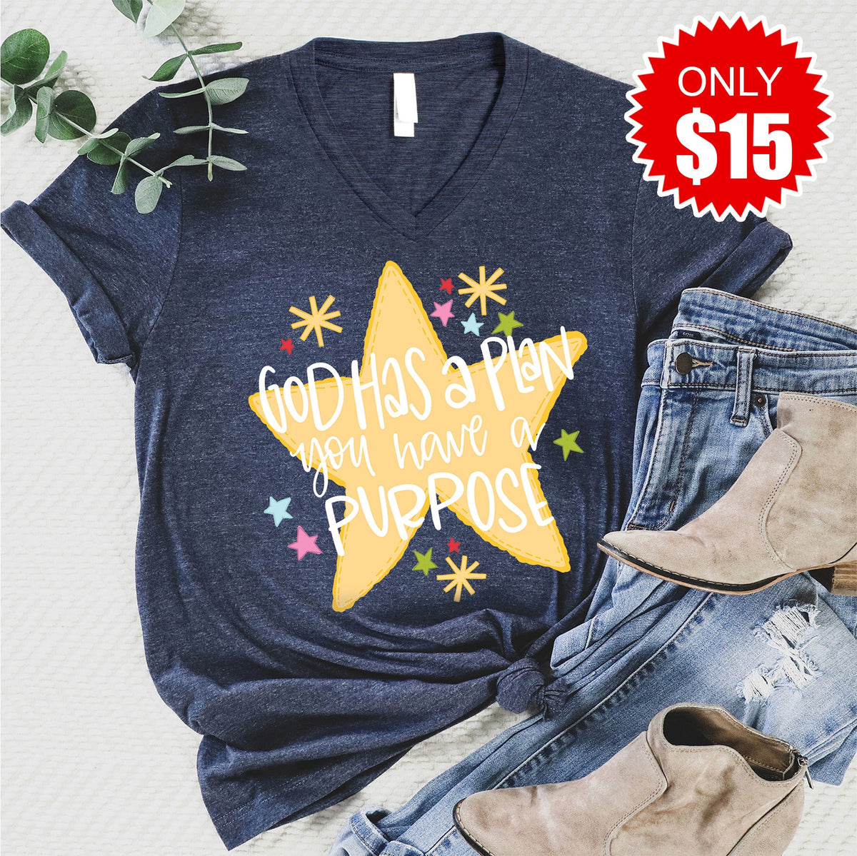 God Has A Plan V-Neck - Heather Navy - 15