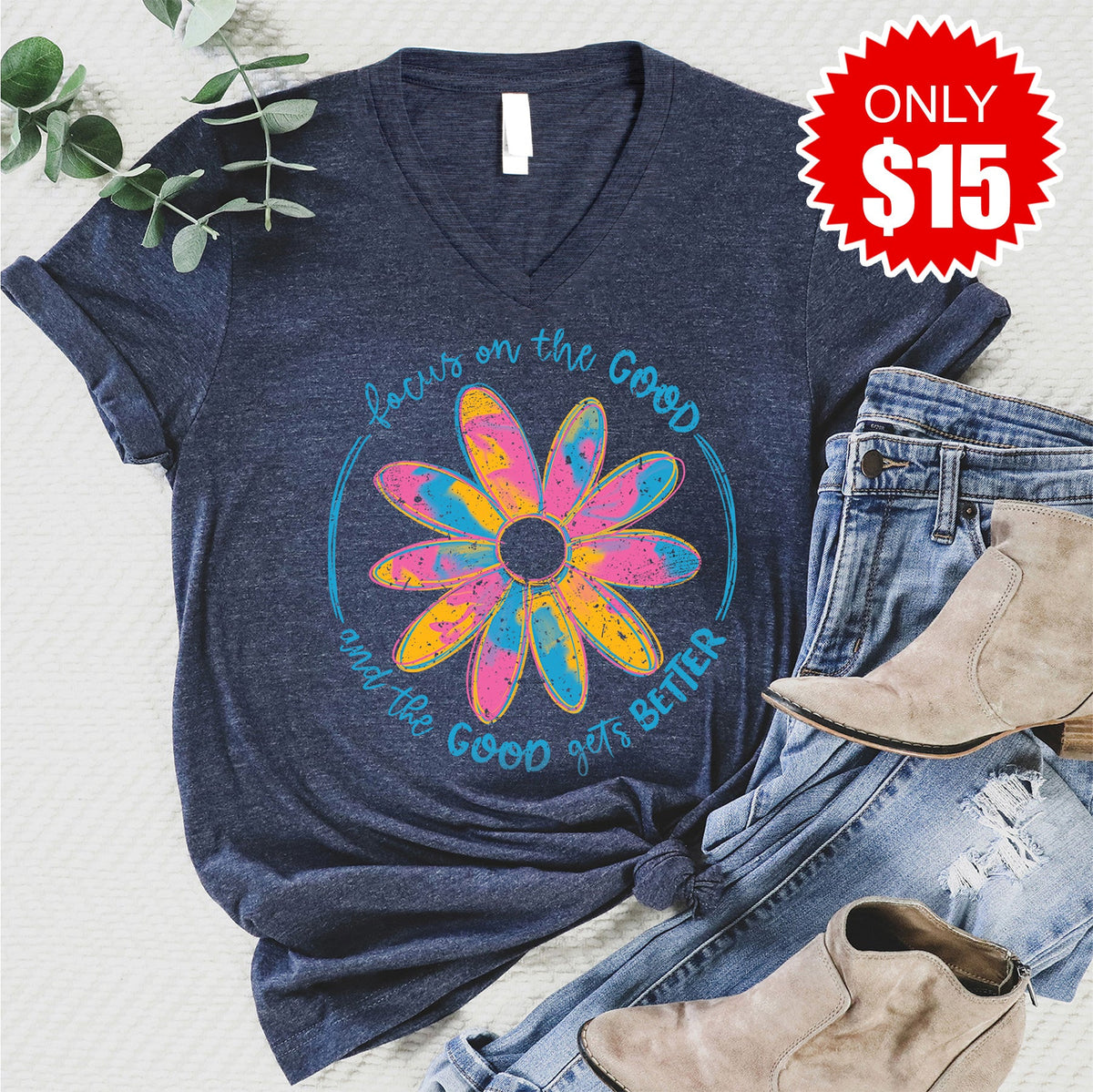 Focus On The Good V-Neck - Heather Navy - 15