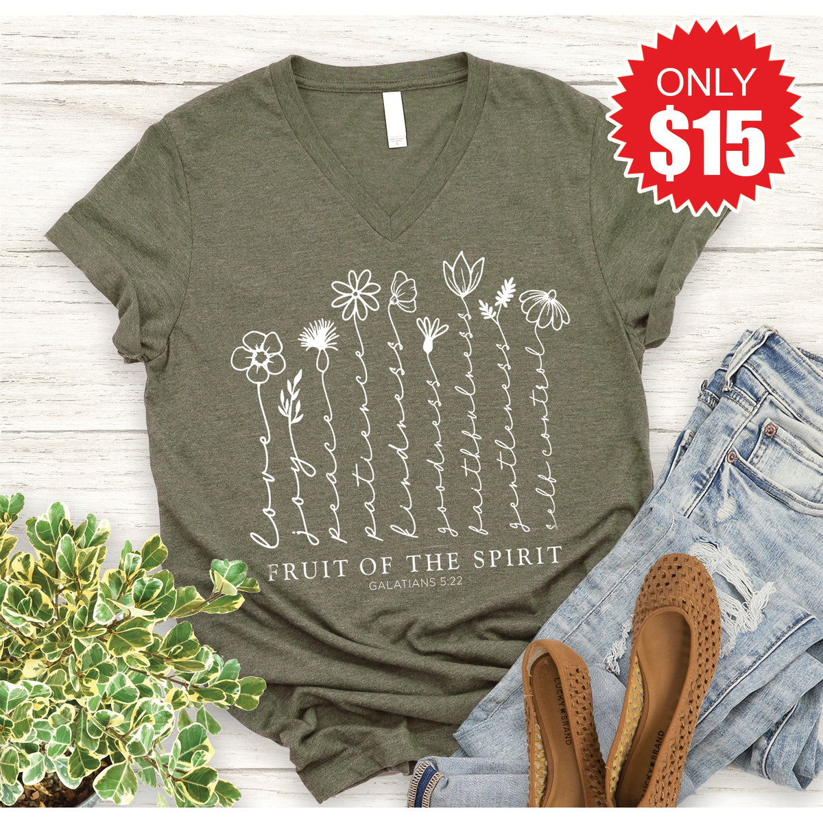 Fruit Of The Spirit V-Neck - Heather Olive - 15