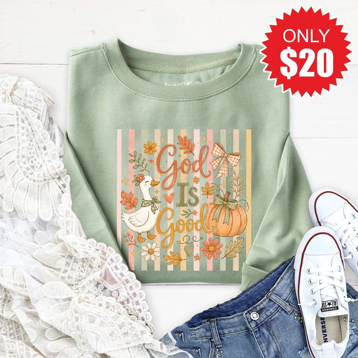 God Is Good Sweatshirt - Heather Sage - 20 product image 1