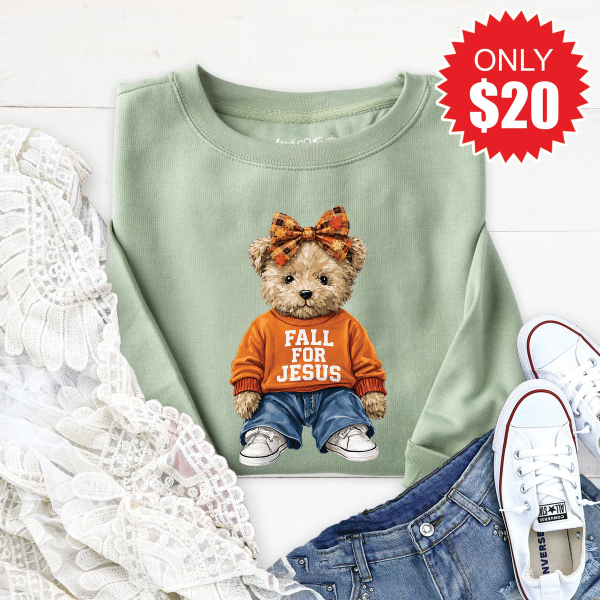 Fall For Jesus Teddy Bear Sweatshirt - Heather Sage - 20 product image 1