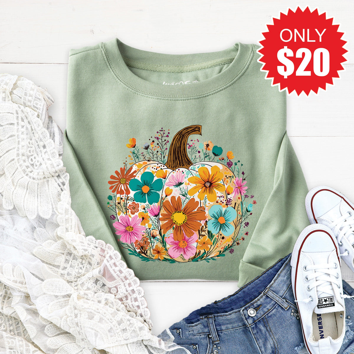 Pumpkin Boho Floral Sweatshirt - Heather Sage - 20 product image 1