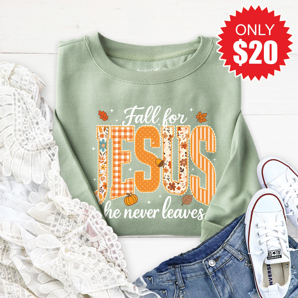 Fall For Jesus Sweatshirt - Heather Sage - 20 product image 1