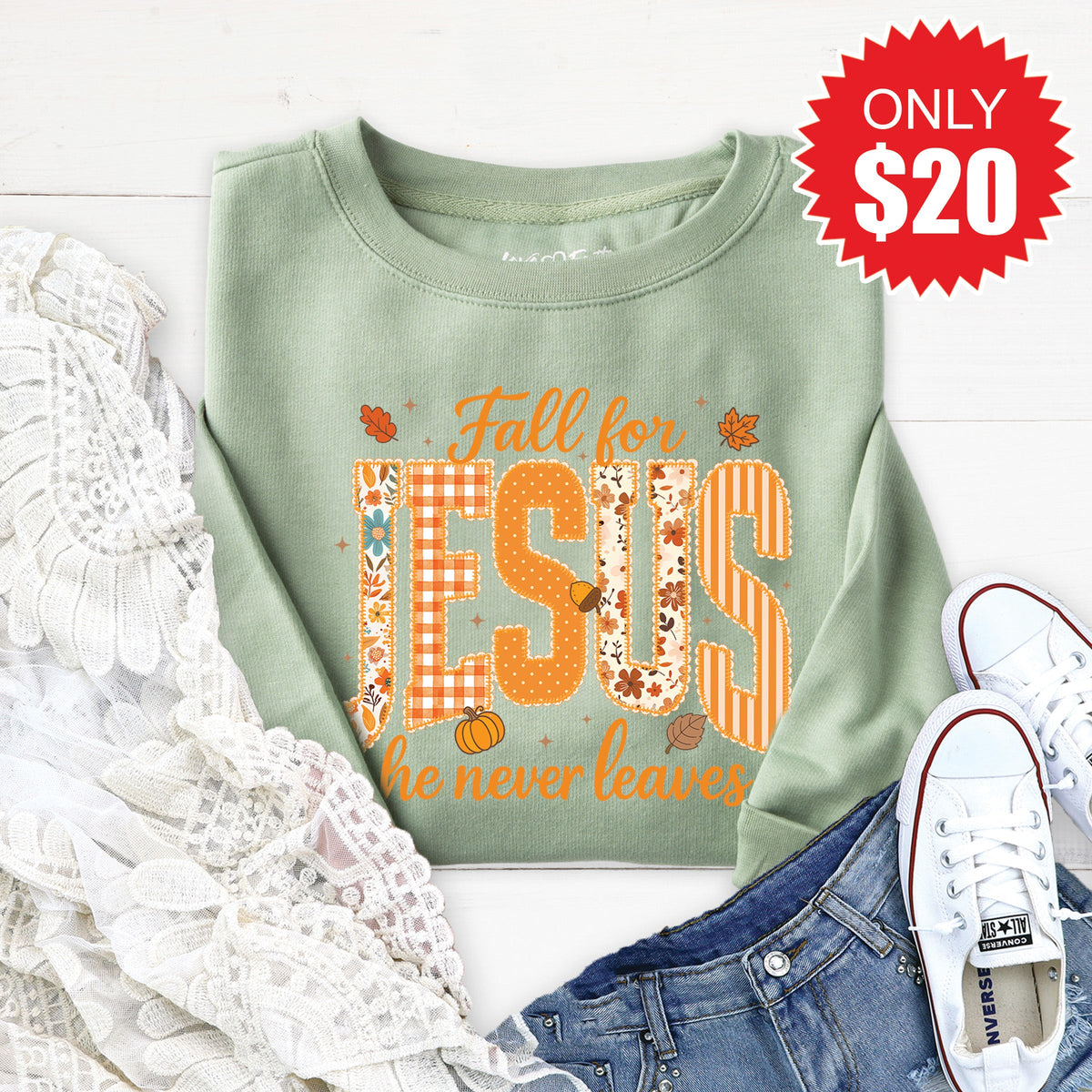 Fall For Jesus Sweatshirt - Heather Sage - 20 product image 1