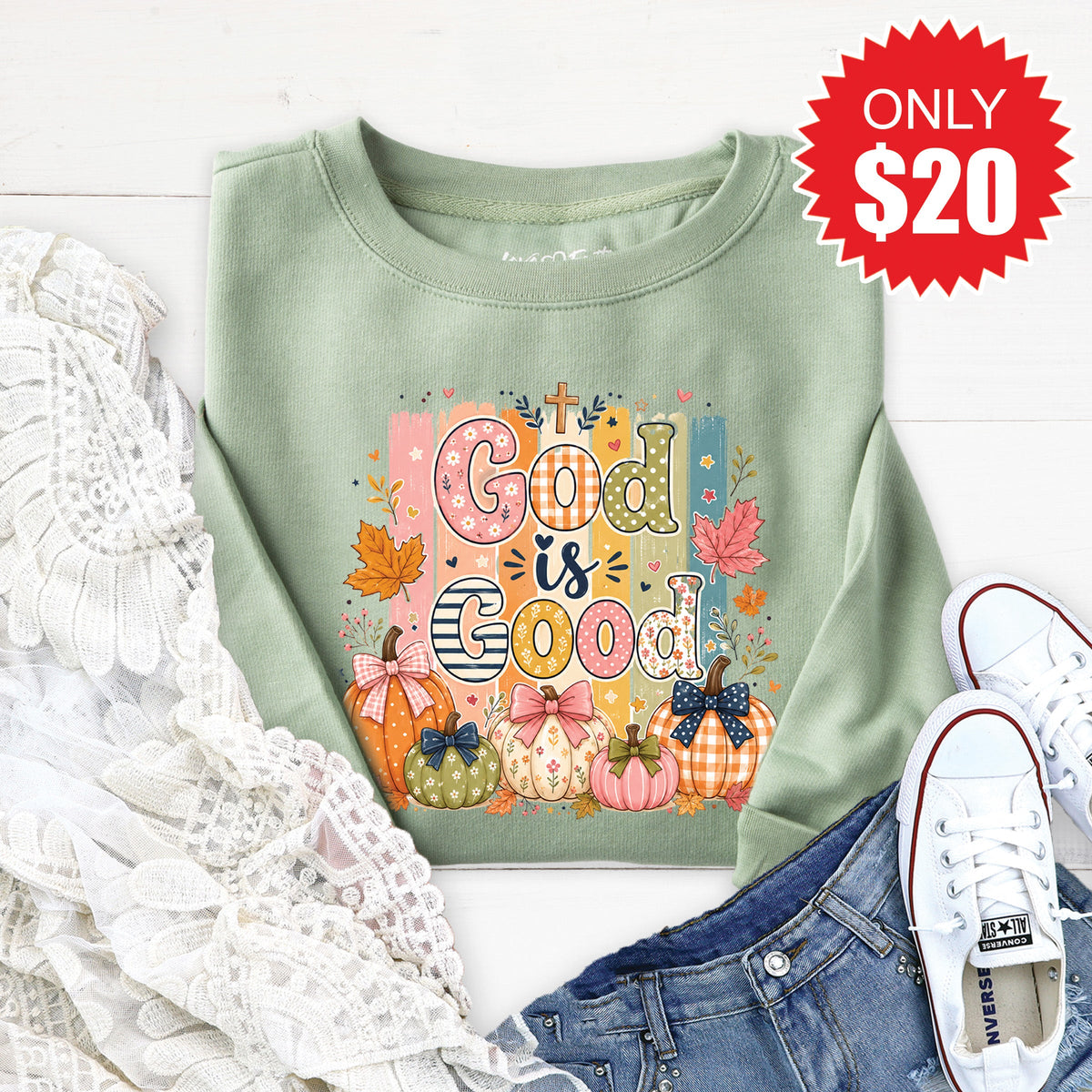 God Is Good Sweatshirt - Heather Sage - 20 product image 1