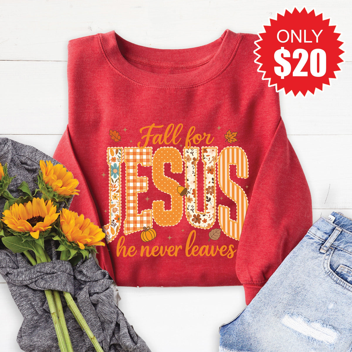 Fall For Jesus Sweatshirt - Heather Scarlet - 20 product image 1