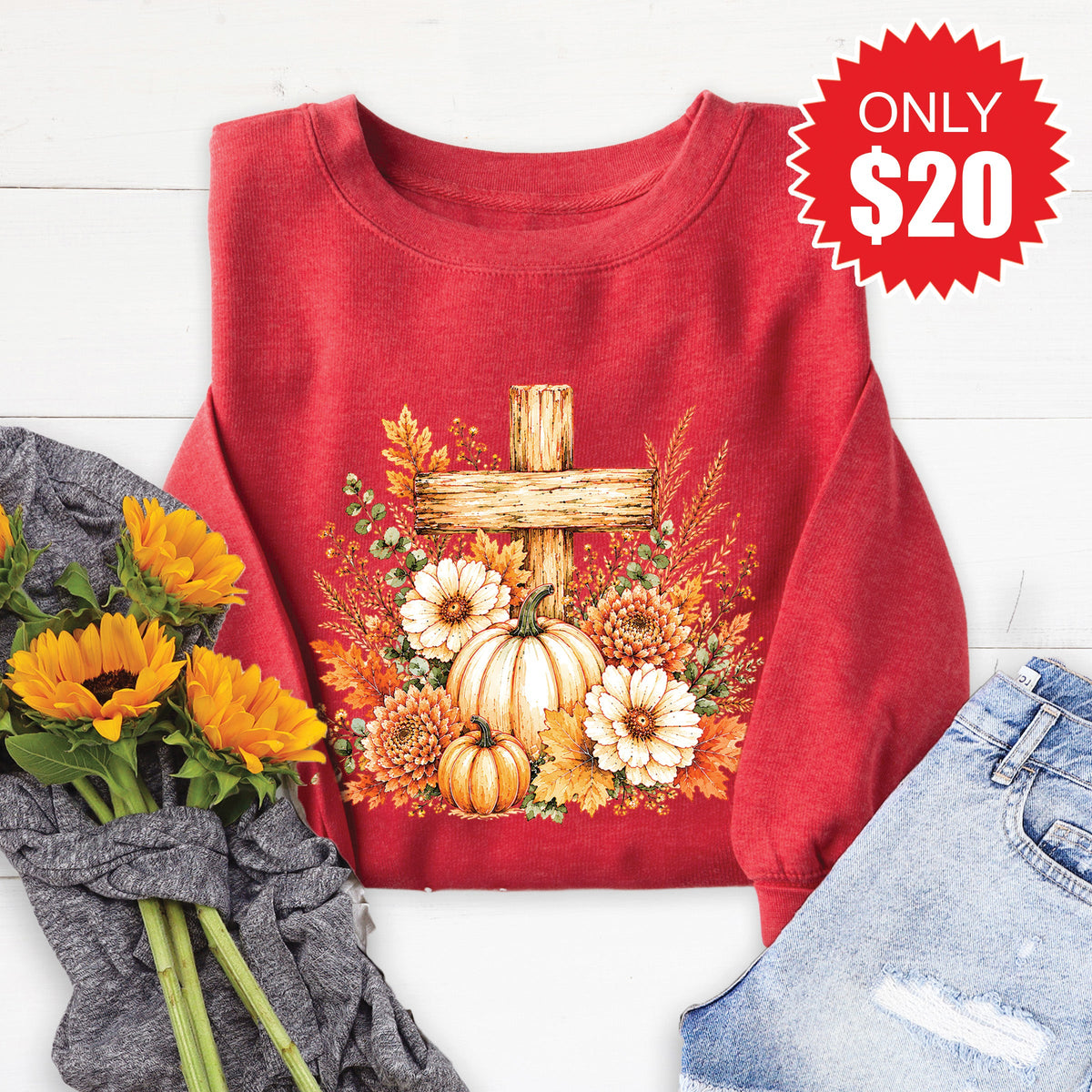 Cross And Pumpkins Sweatshirt - Heather Scarlet - 20 product image 1