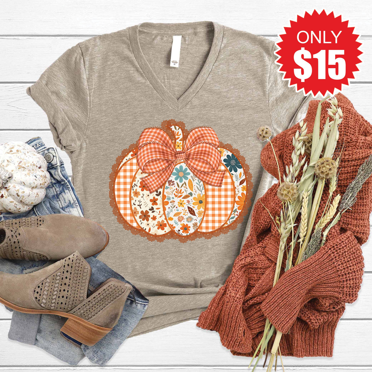 Pumpkin V-Neck - Heather Stone - 15